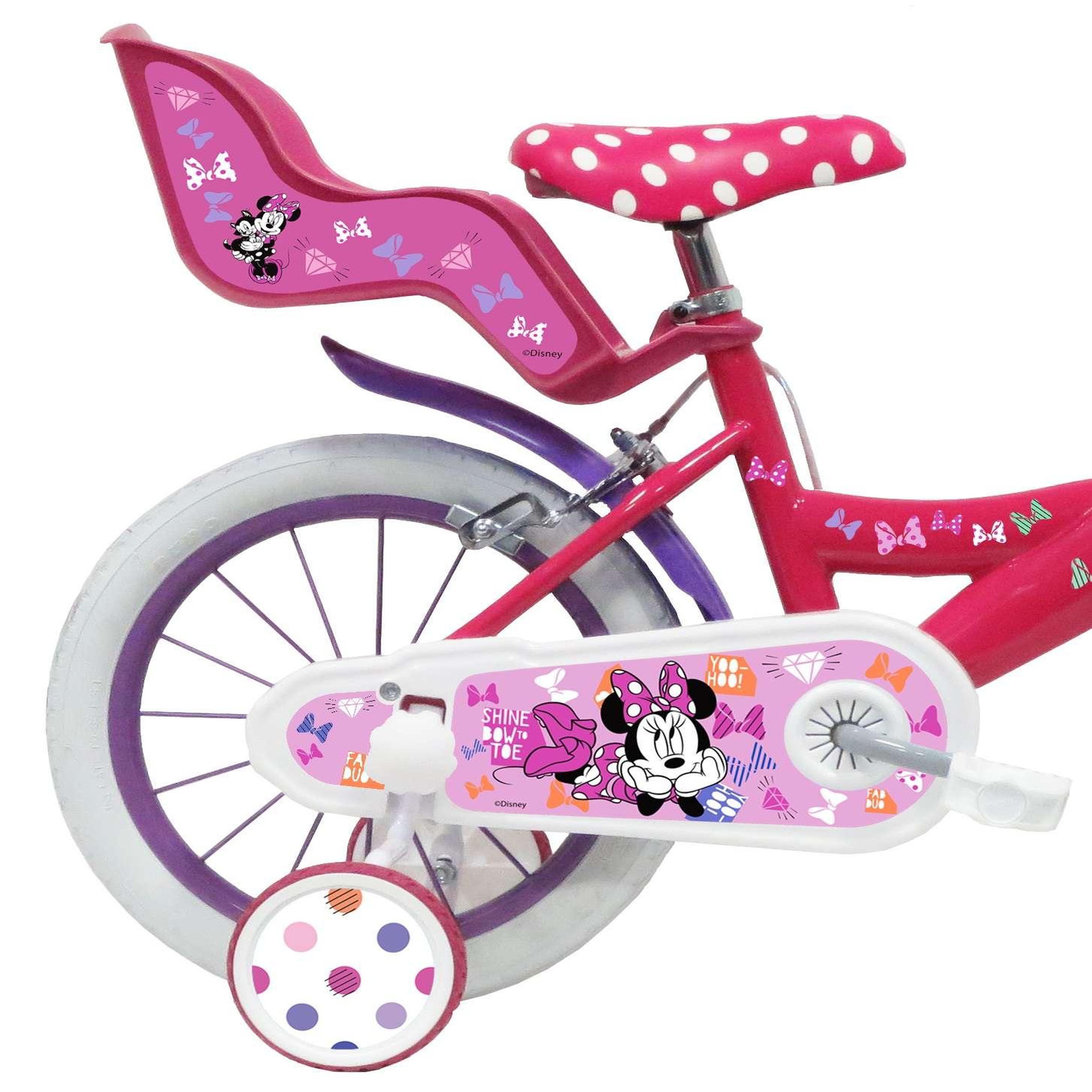 Voir la diapositive 2 : Disney Minnie Vélo enfant 14'' Fille - Modèle Minnie  pour enfant de taille 95 à110 cm - Livré avec stabilisateurs - Panier avant - Porte poupée arrière - 2 freins & Roues gonflables