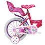 Voir la diapositive 2 : Disney Minnie Vélo enfant 14'' Fille - Modèle Minnie  pour enfant de taille 95 à110 cm - Livré avec stabilisateurs - Panier avant - Porte poupée arrière - 2 freins & Roues gonflables