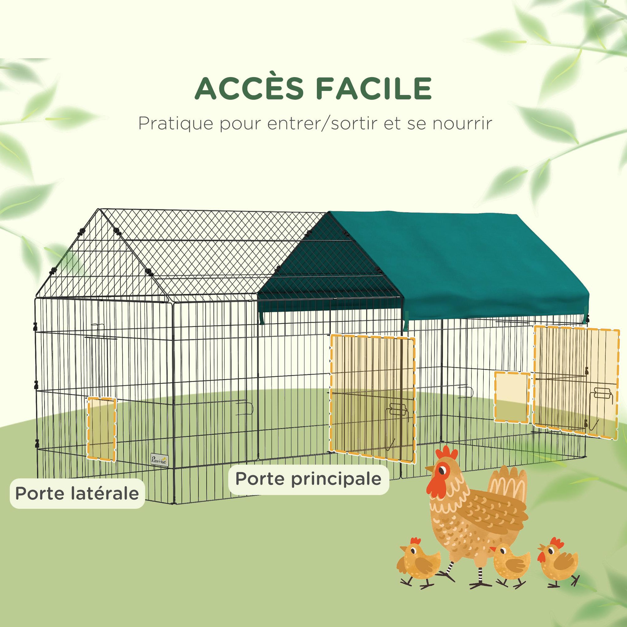 Voir la diapositive 4 : PAWHUT Parc enclos petits animaux - 2 portes, 2 trappes nourrissages, zone couverte - acier noir polyester vert