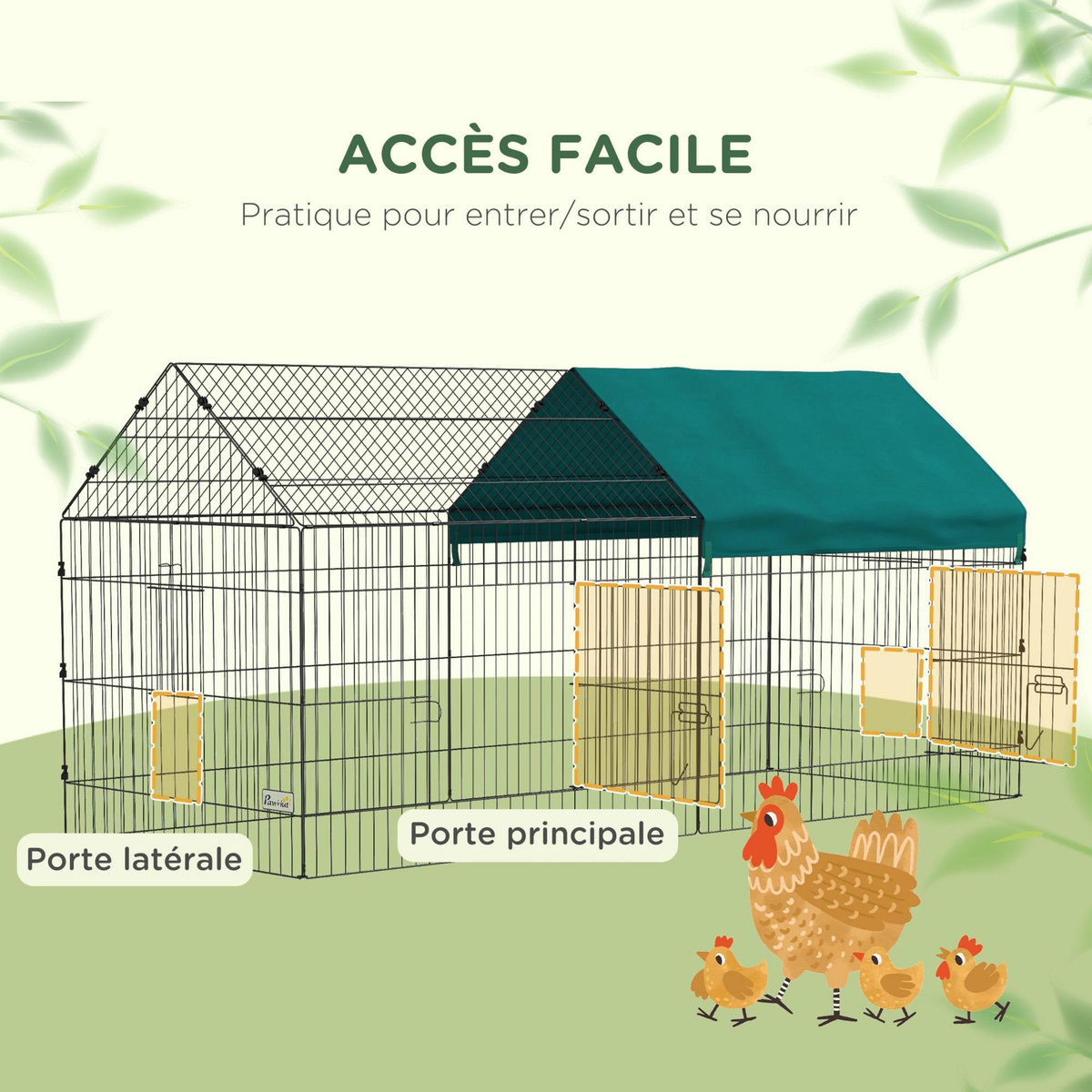 PAWHUT Parc enclos petits animaux - 2 portes, 2 trappes nourrissages, zone couverte - acier noir polyester vert