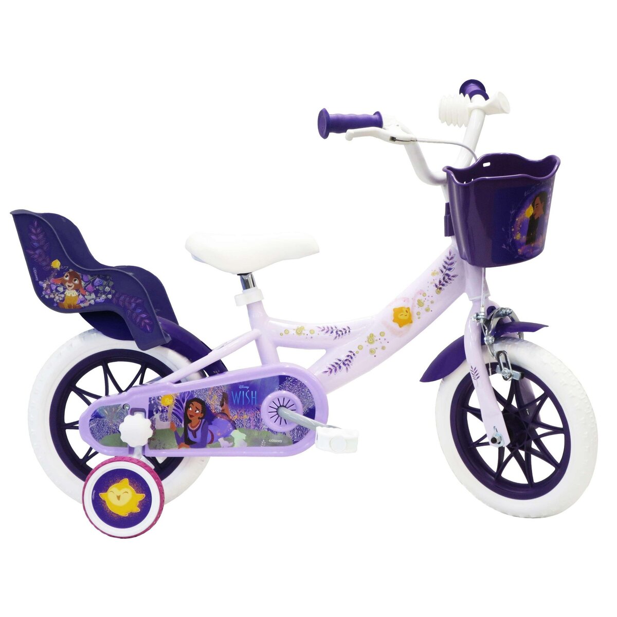 DISNEY Vélo 12  Fille Licence  Wish, Asha et la bonne étoile  pour enfant de 85/100 cm  avec stabilisateurs à molettes - 1 frein - Panier avant - Porte poupée arrière