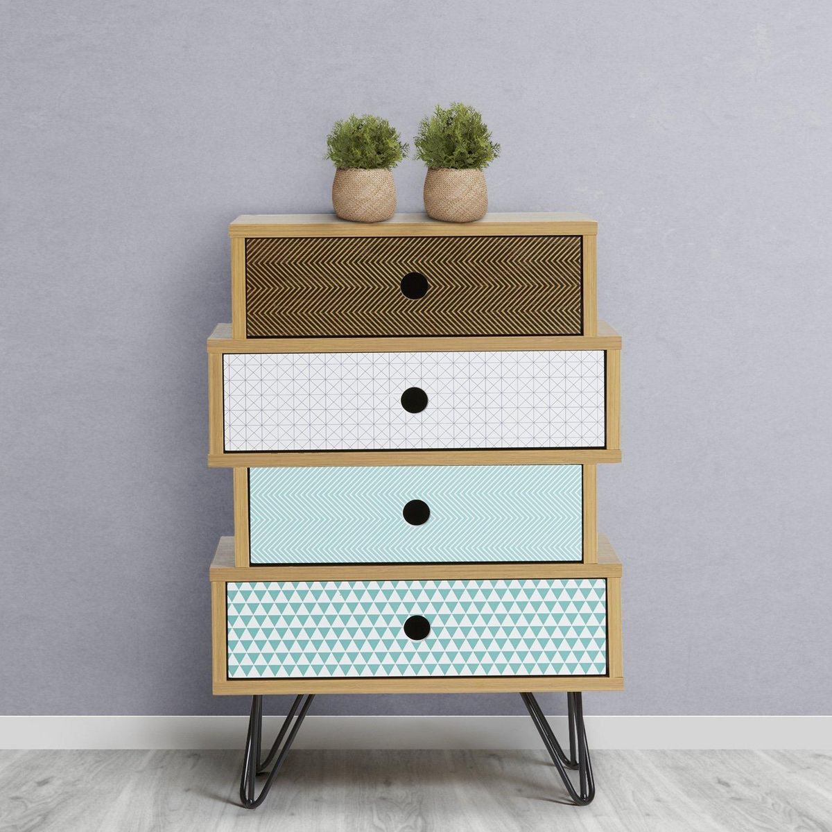 VS VENTA-STOCK Table Chevet Buda 4 Tiroirs, Couleur chêne, Jambes en métal en Noir