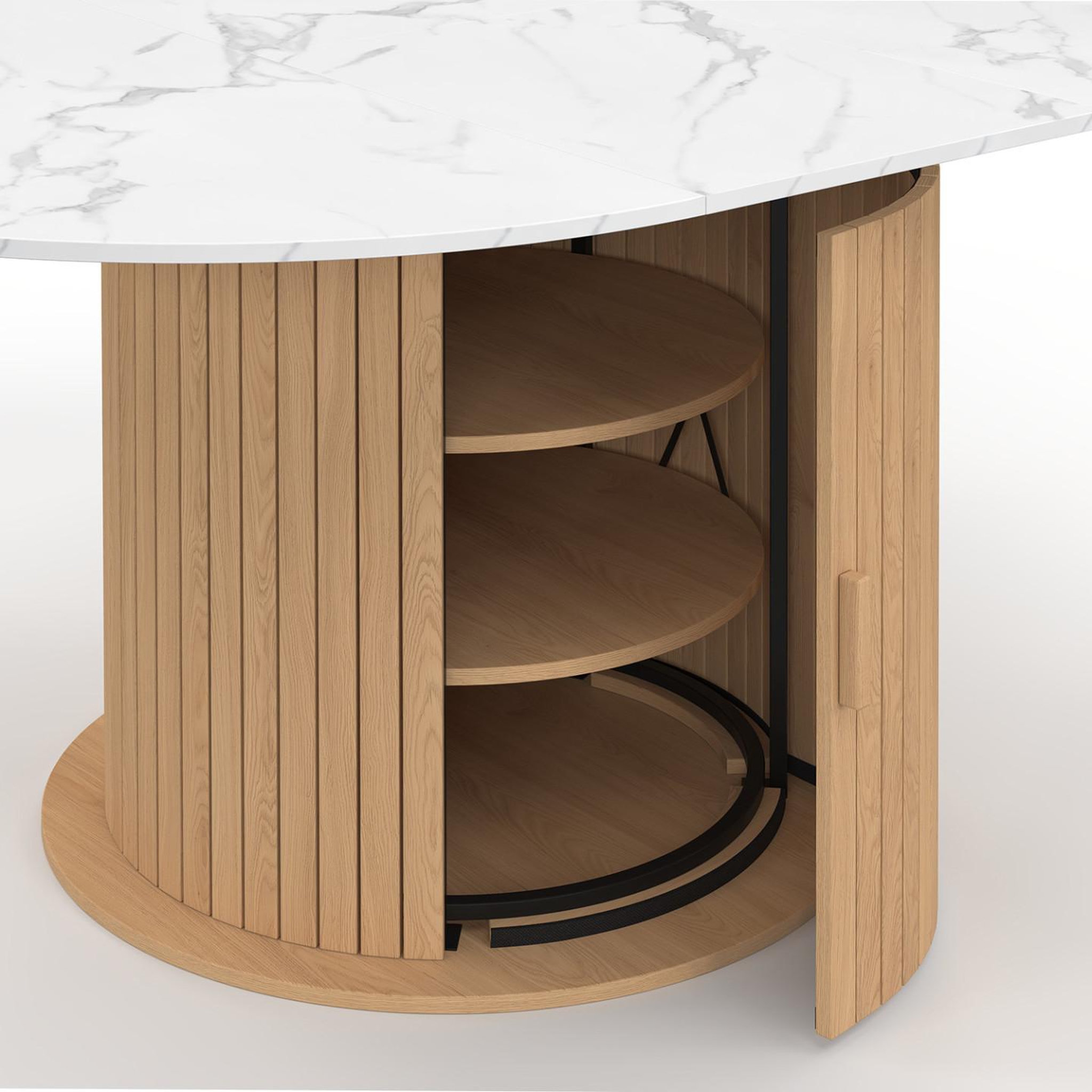 Voir la diapositive 6 : ID MARKET Table à manger extensible ronde juliette 4-8 personnes pied lattes avec rangement et plateau effet marbre blanc 110-150 cm