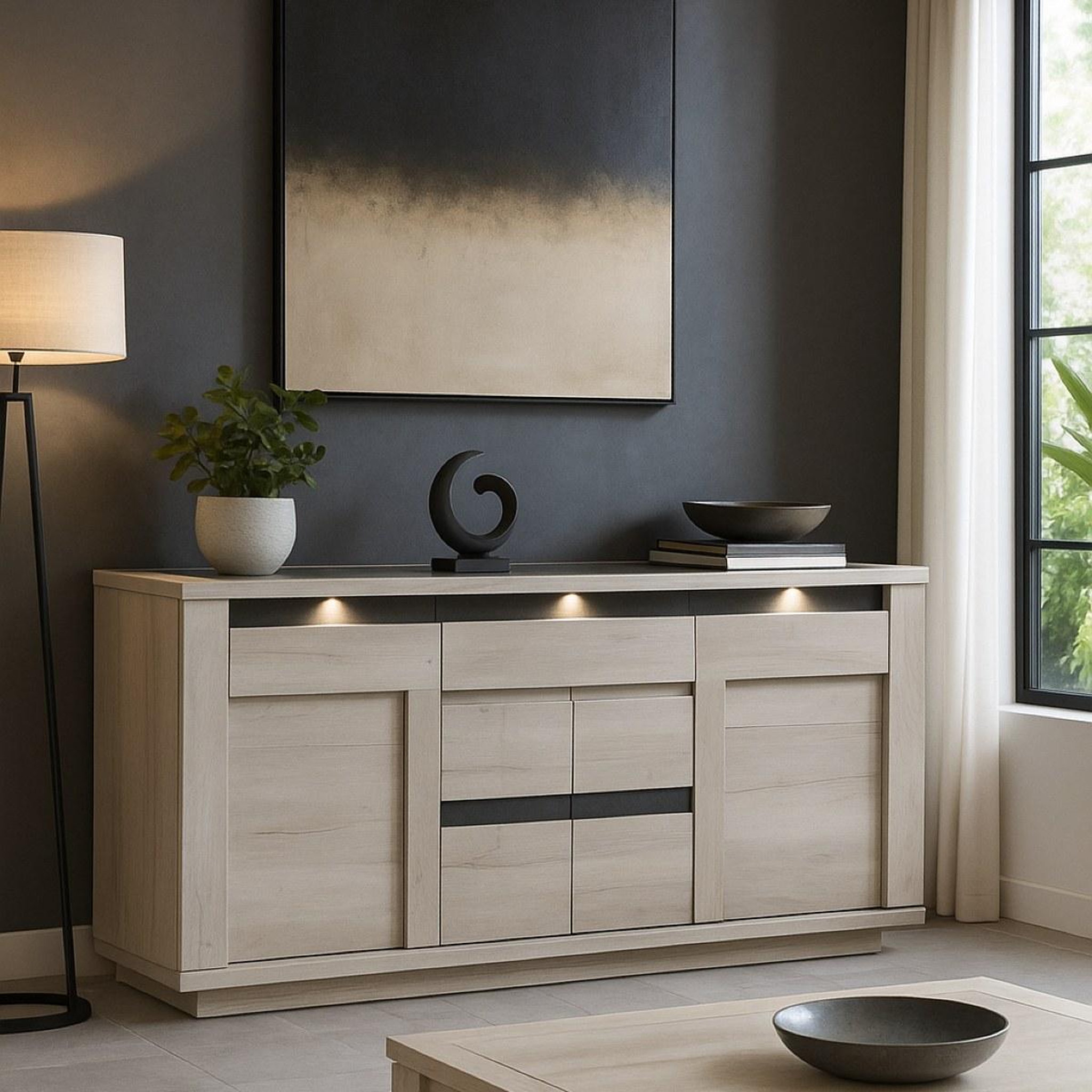 Voir la diapositive 2 : JLC KREATION Buffet contemporain 4 portes-1 tiroir chêne blanchi melinda