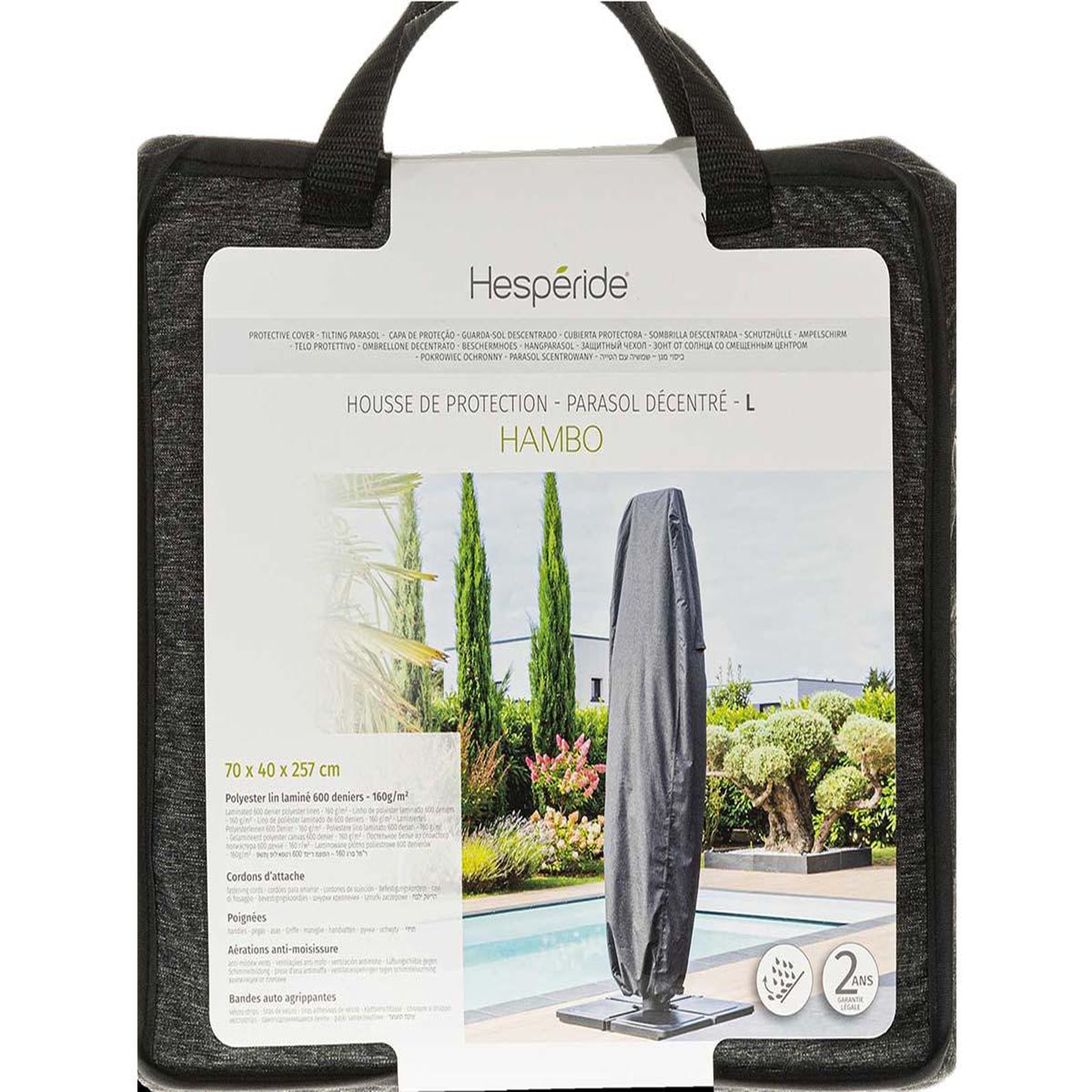 Voir la diapositive 2 : HESPERIDE Housse pour parasol décentré l gris hambo - 70 x 40 x 257 cm - hespéride