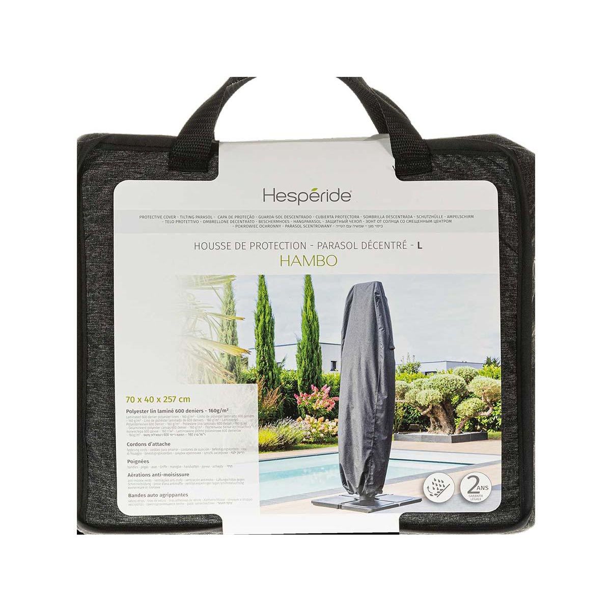 HESPERIDE Housse pour parasol décentré L gris Hambo - 70 x 40 x 257 cm - Hespéride