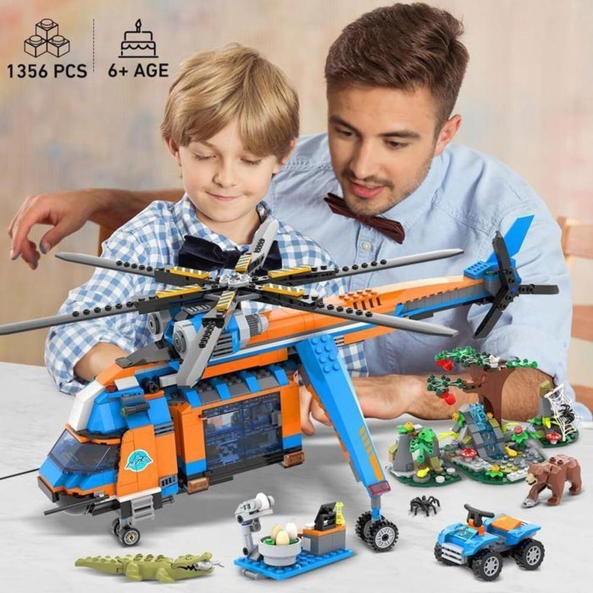 Voir la diapositive 2 : Kit de construction Jungle Rescue 1356 pièces avec hélicoptère de secours et cabines amovibles