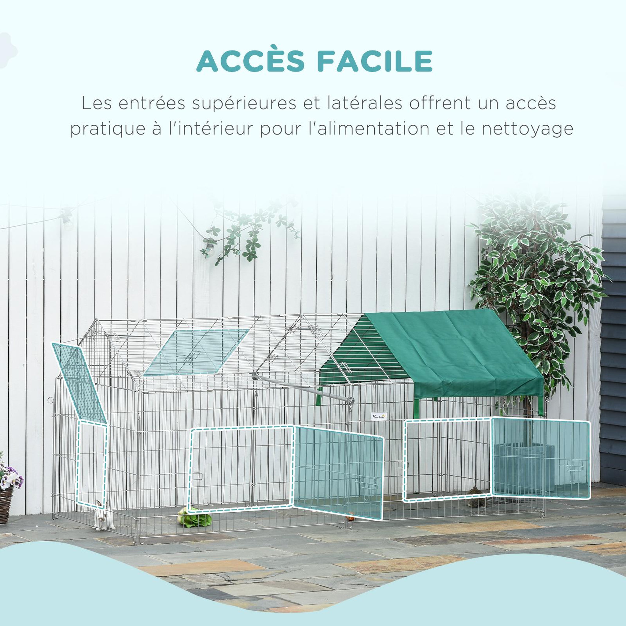 Voir la diapositive 5 : PAWHUT Pawhut parc enclos métal époxy cage extérieure dim. 2,20l x 1,03l x 1,03h m 3 portes et trappe surface abrité pe vert