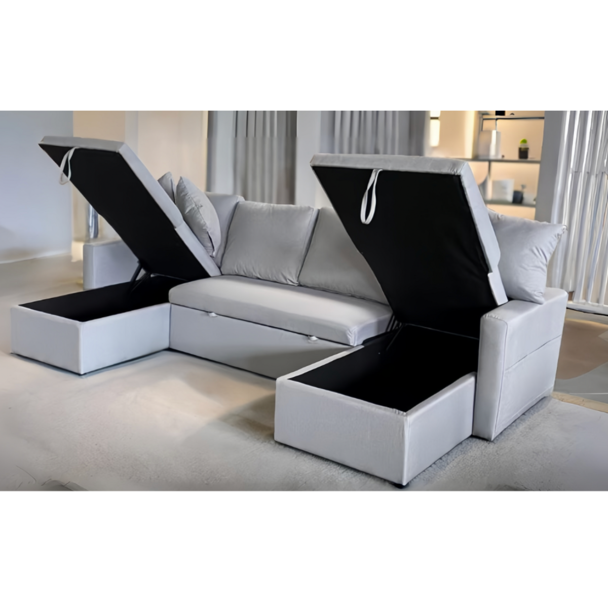 CONCEPT USINE Canapé panoramique convertible 4 places en tissu avec coffre - gris clair MAHÉ