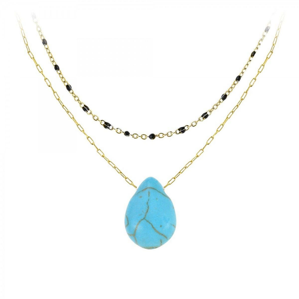 SC BOHEME Lot de 2 colliers SC Bohème en Acier Finement doré orné d'une pierre naturelle Turquoise