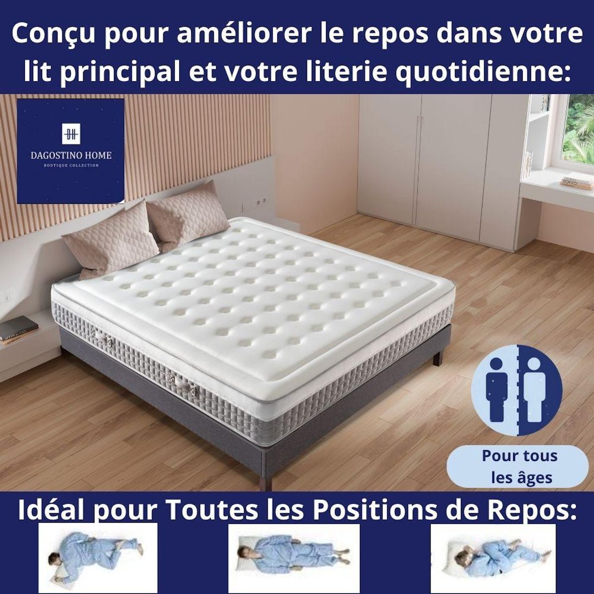 DAGOSTINO HOME Matelas 90x190 Mousse HR  Luxe Confort  Extra Ferme | Double Face (Été-Hiver) | Soutien Équilibré, Parfait et Tonique | H25cm