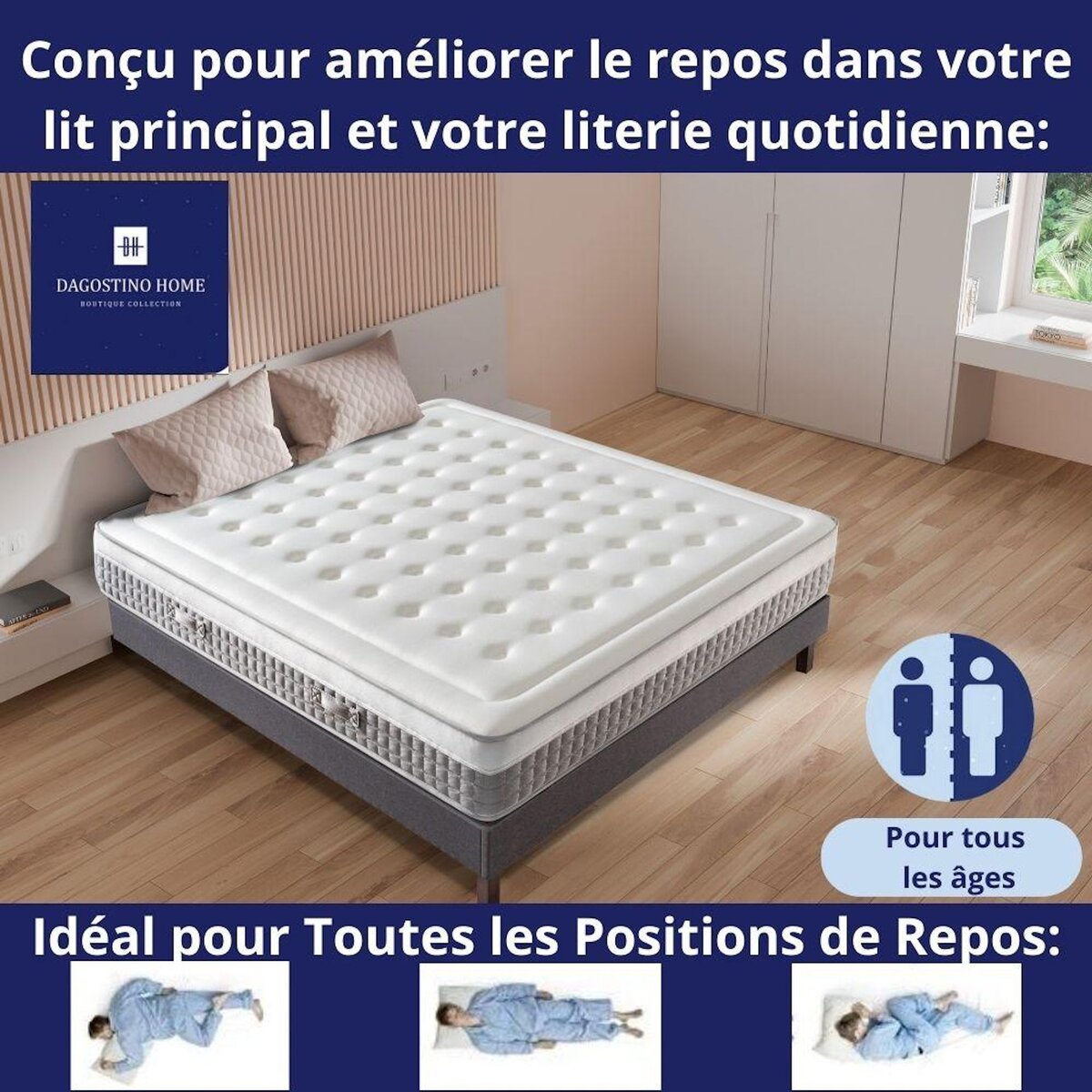 DAGOSTINO HOME Matelas 90x190 Mousse HR  Luxe Confort  Extra Ferme | Double Face (Été-Hiver) | Soutien Équilibré, Parfait et Tonique | H25cm