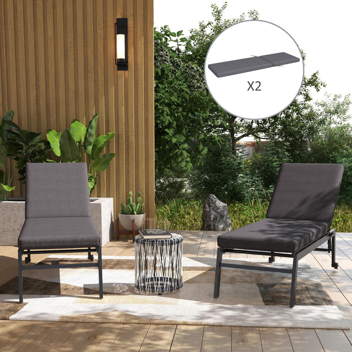 OUTSUNNY Lot de 2 matelas pour transat bain de soleil - dim. 190,5L x 58,4l x 7H cm - cordons d'attache - gris foncé