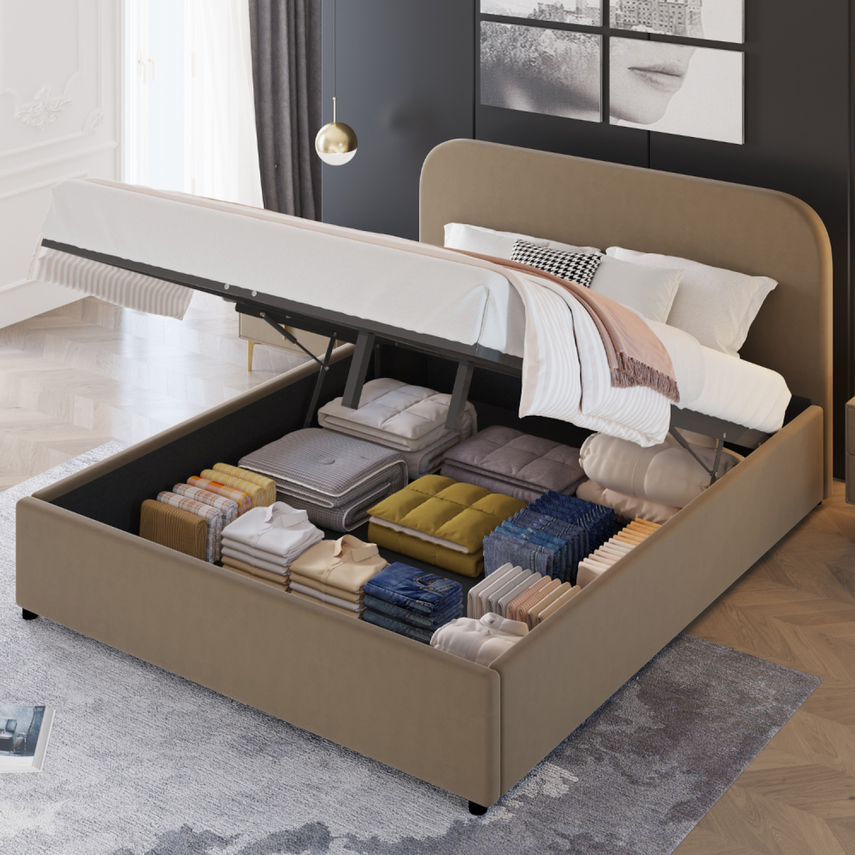 CONCEPT USINE Lit avec coffre de rangement 160x200cm velours taupe HOUSTON