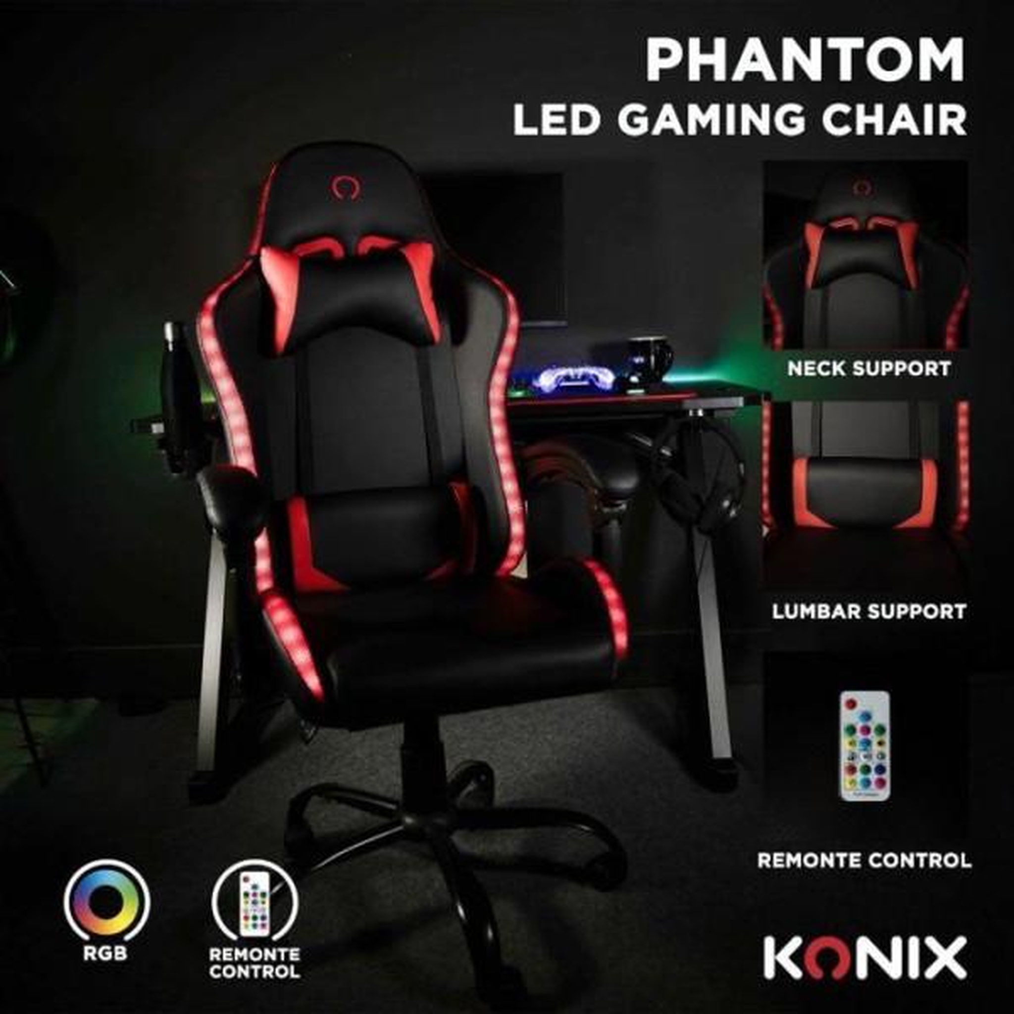 Voir la diapositive 5 : KONIX Chaise de bureau gaming - konix - phantom - éclairage rvb - inclinaison 135° - synthétique - coussin lombaires et cervicaux -