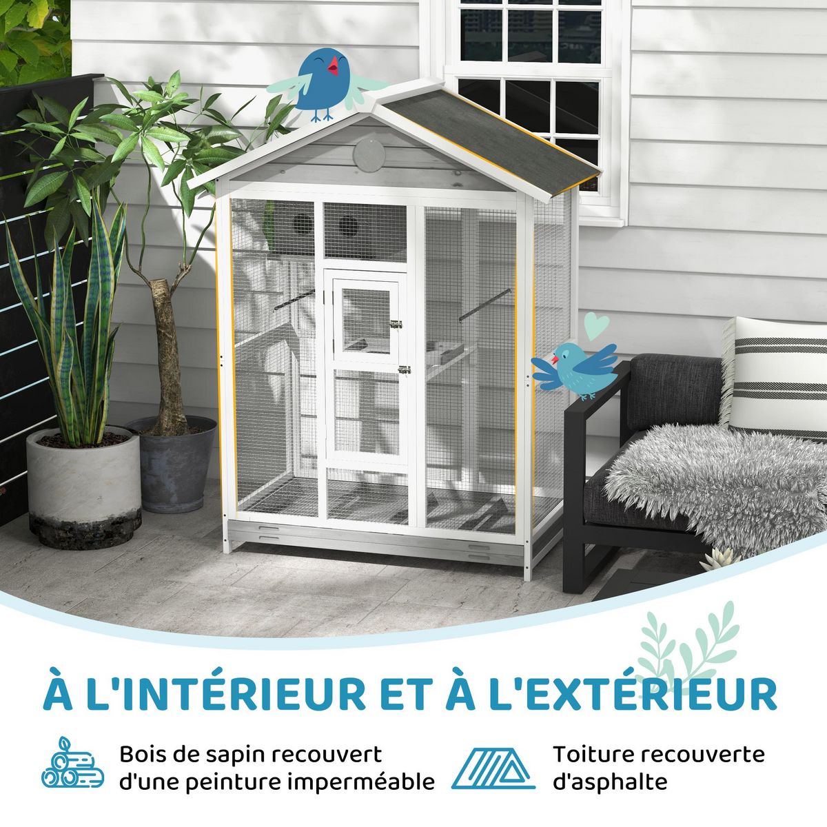 PAWHUT Cage oiseau grande taille - volière à oiseaux dim. 112 x 68 x 154 cm - nombreux accessoires - métal bois blanc gris noir