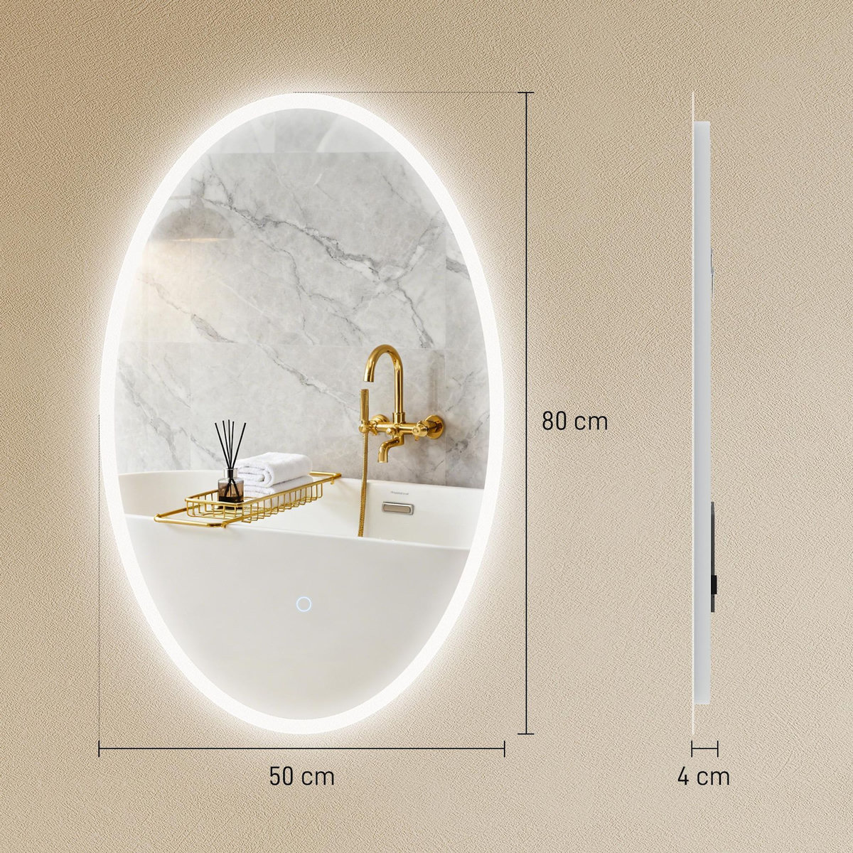 HOMCOM Miroir salle de bain LED design ovale 50 x 80 cm anti-buée dimmable tactile réglable verre trempé