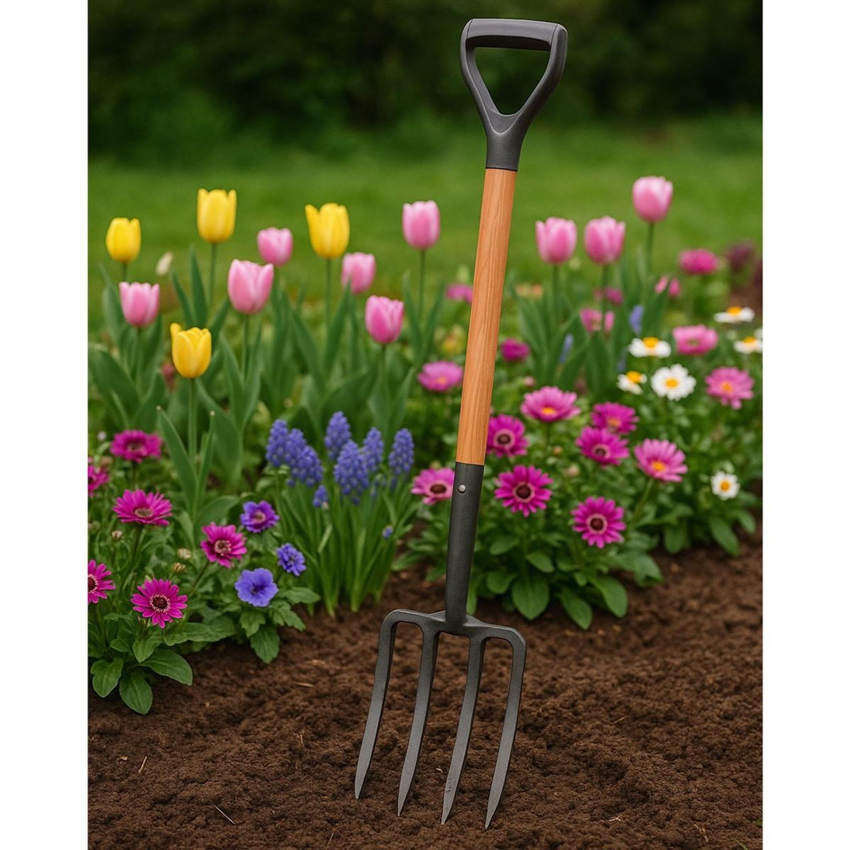 VITO Fourche de jardin 4 dents avec manche en bois et poignée en Y VITO