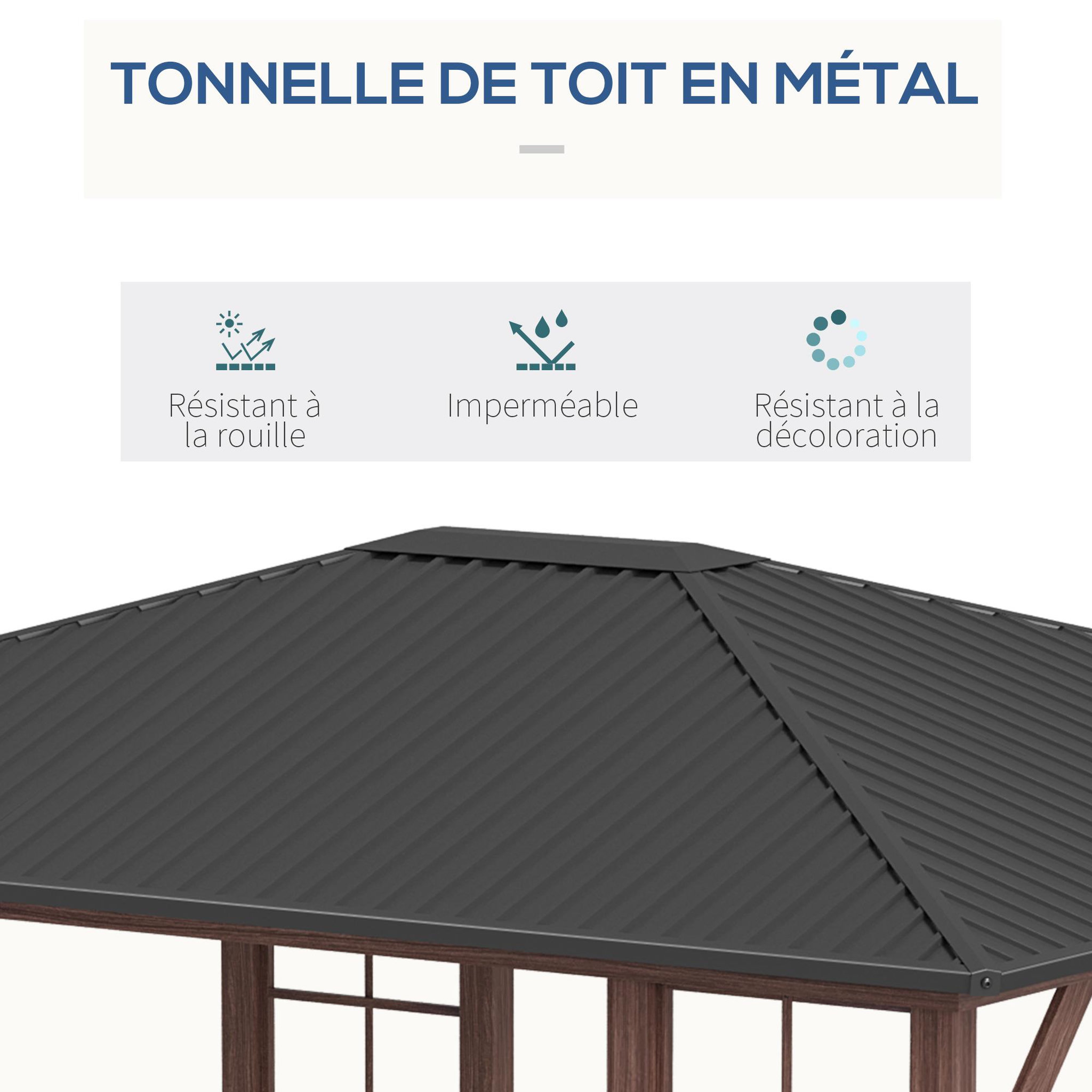 Voir la diapositive 4 : OUTSUNNY Pergola pavillon de jardin avec toit rigide imperméable - dim. 364L x 299l x 280H cm - métal aspect bois gris foncé