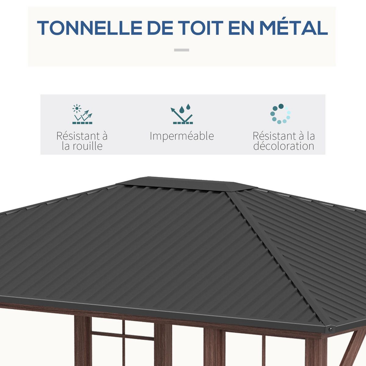 OUTSUNNY Pergola pavillon de jardin avec toit rigide imperméable - dim. 364L x 299l x 280H cm - métal aspect bois gris foncé