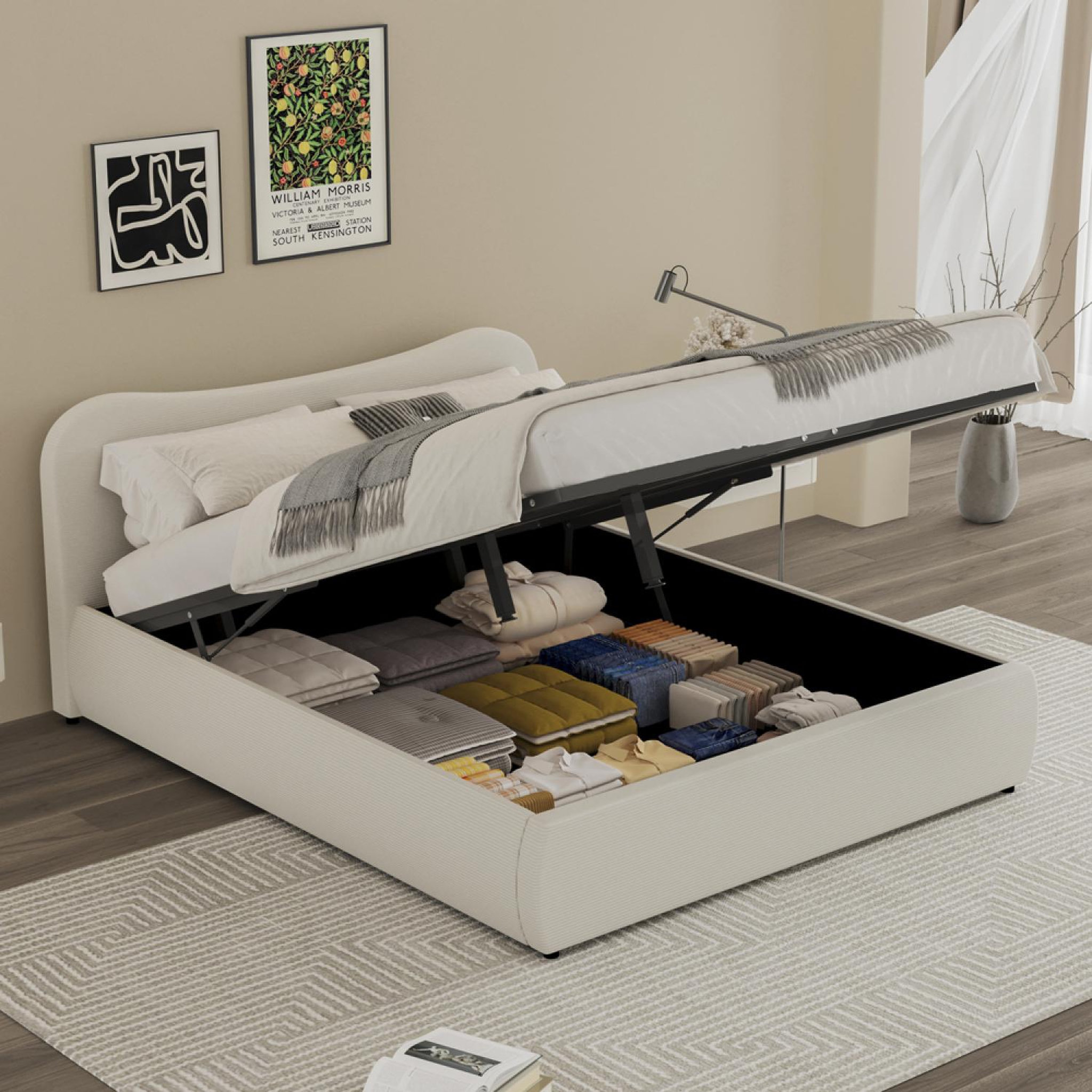 Voir la diapositive 2 : CONCEPT USINE Lit coffre 160x200cm design arrondi velours côtelé beige plano