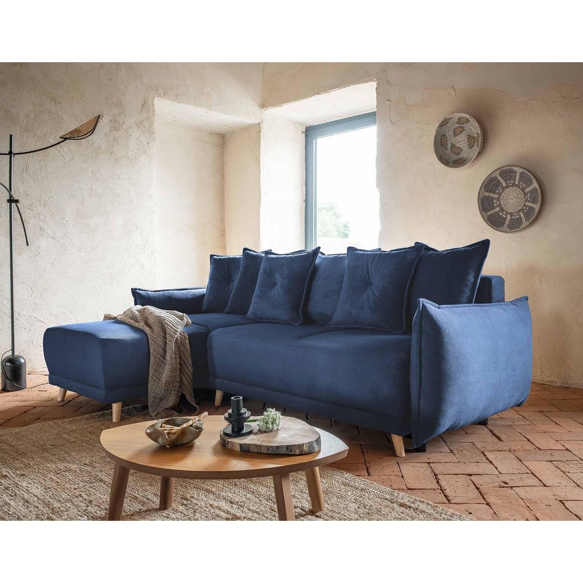 BEST MOBILIER Lena - canapé d'angle réversible 4 places - convertible avec coffre - en velours côtelé