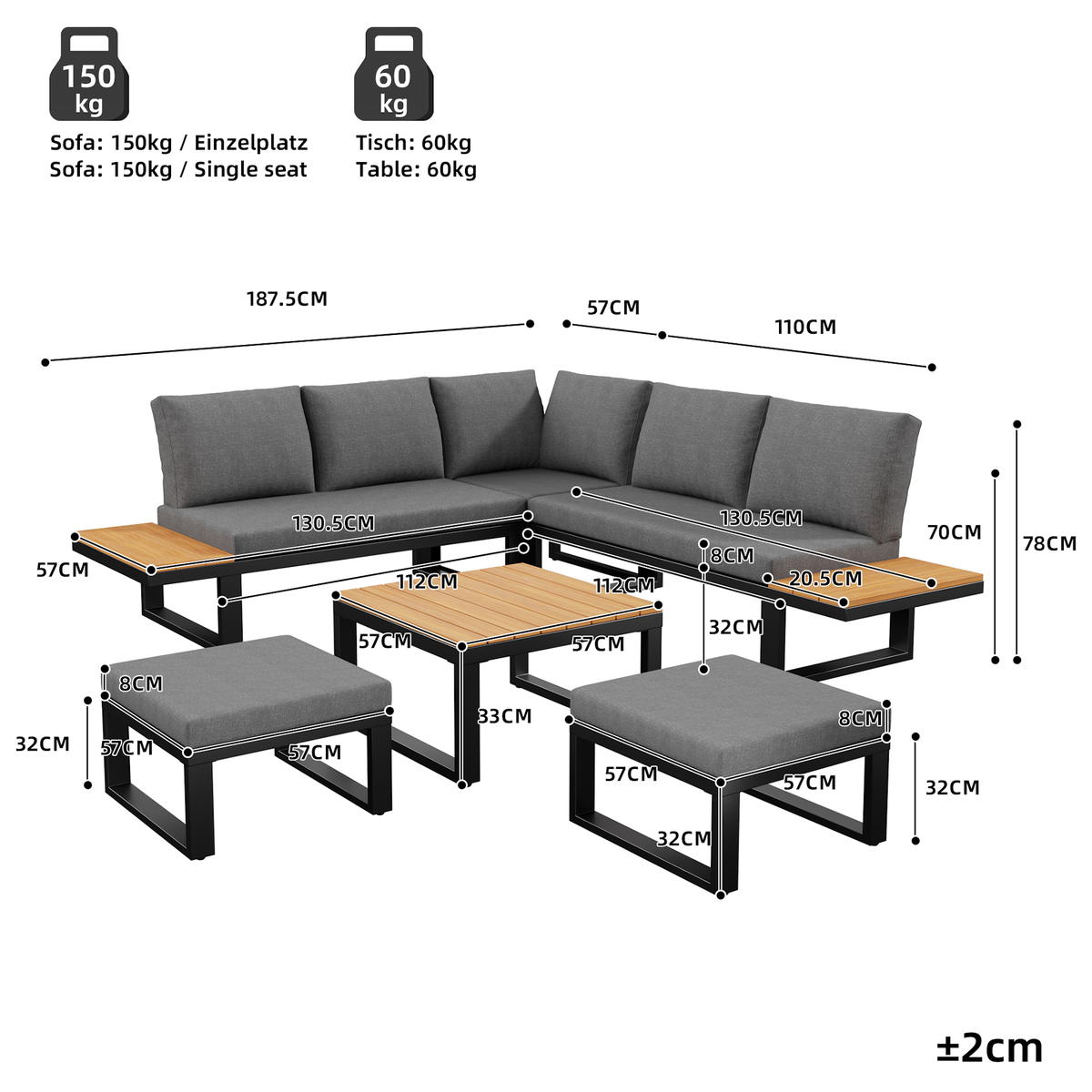 MERAX Salon de jardin 7 places avec, canapé angle, dossier réglable, poufs et table