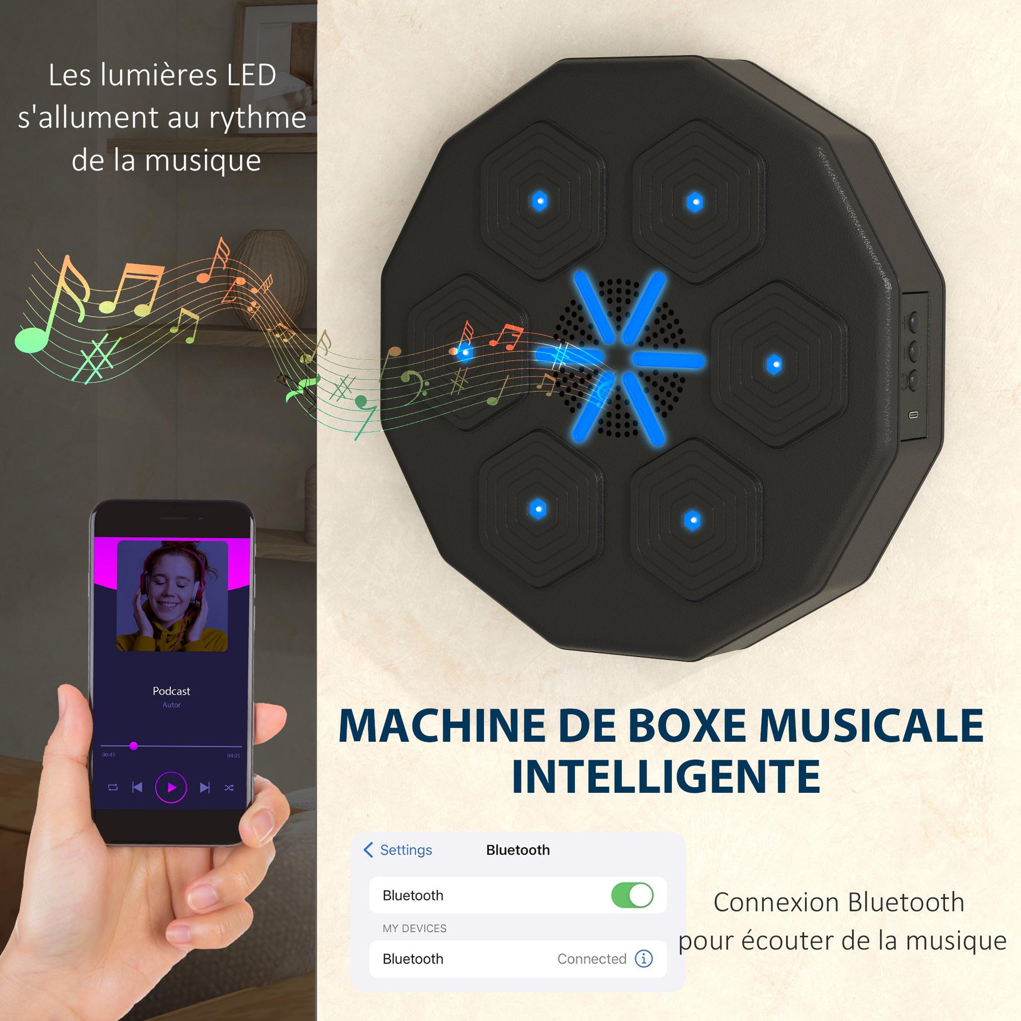 Voir la diapositive 4 : HOMCOM Machine de boxe musicale murale avec lumières - connexion bluetooth, charge usb - noir