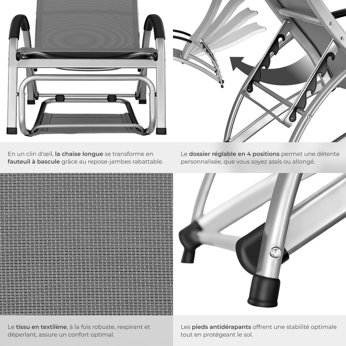 tectake Chaise longue 2-en-1 fonction comme chaise longue ou fauteuil à bascule gris anthracite