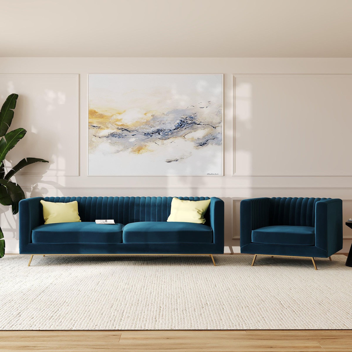 Rendez vous déco Ensemble canapé et fauteuil en velours bleu 3 places-Gatsby