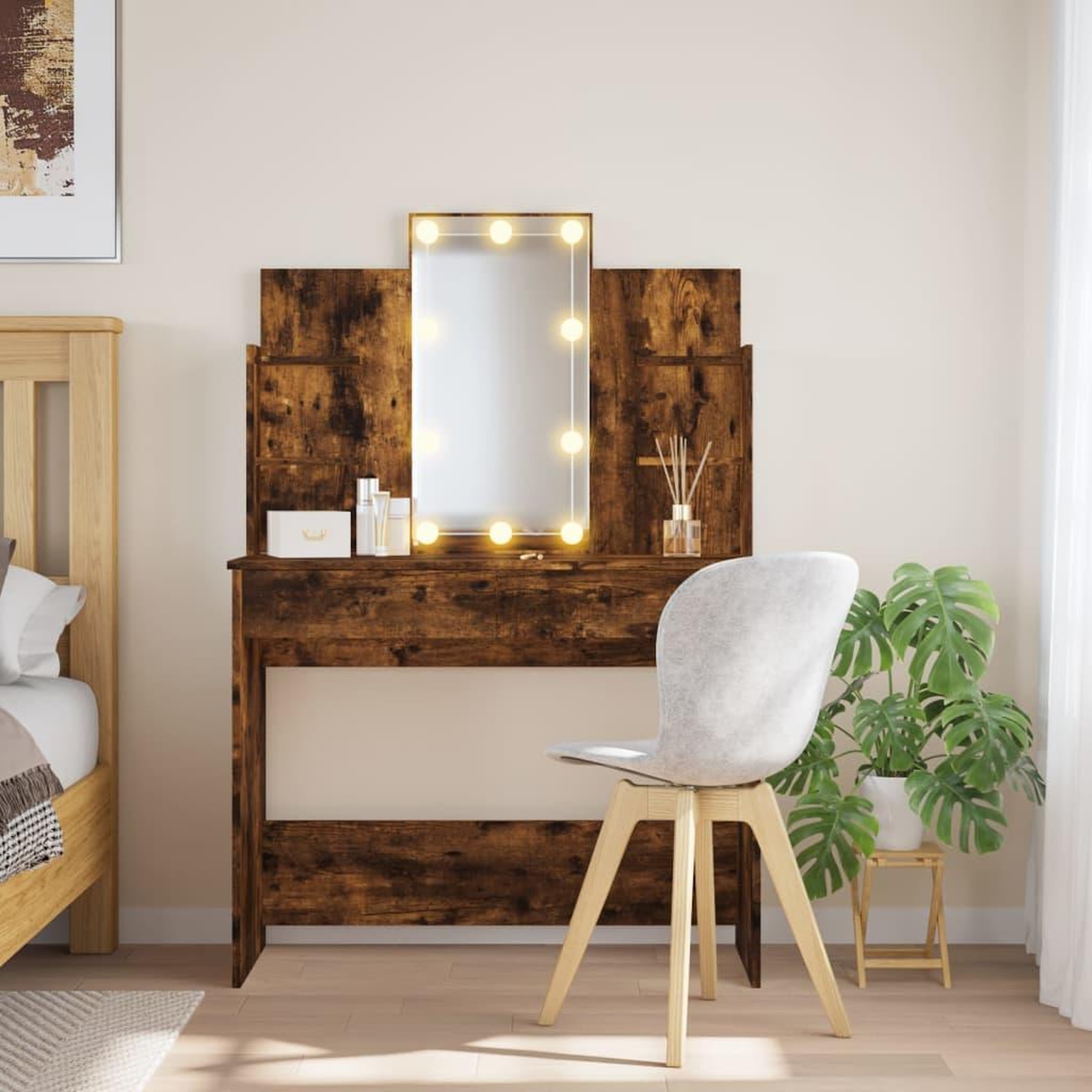 VIDAXL Coiffeuse avec lumieres LED chene fume 96x40x142 cm
