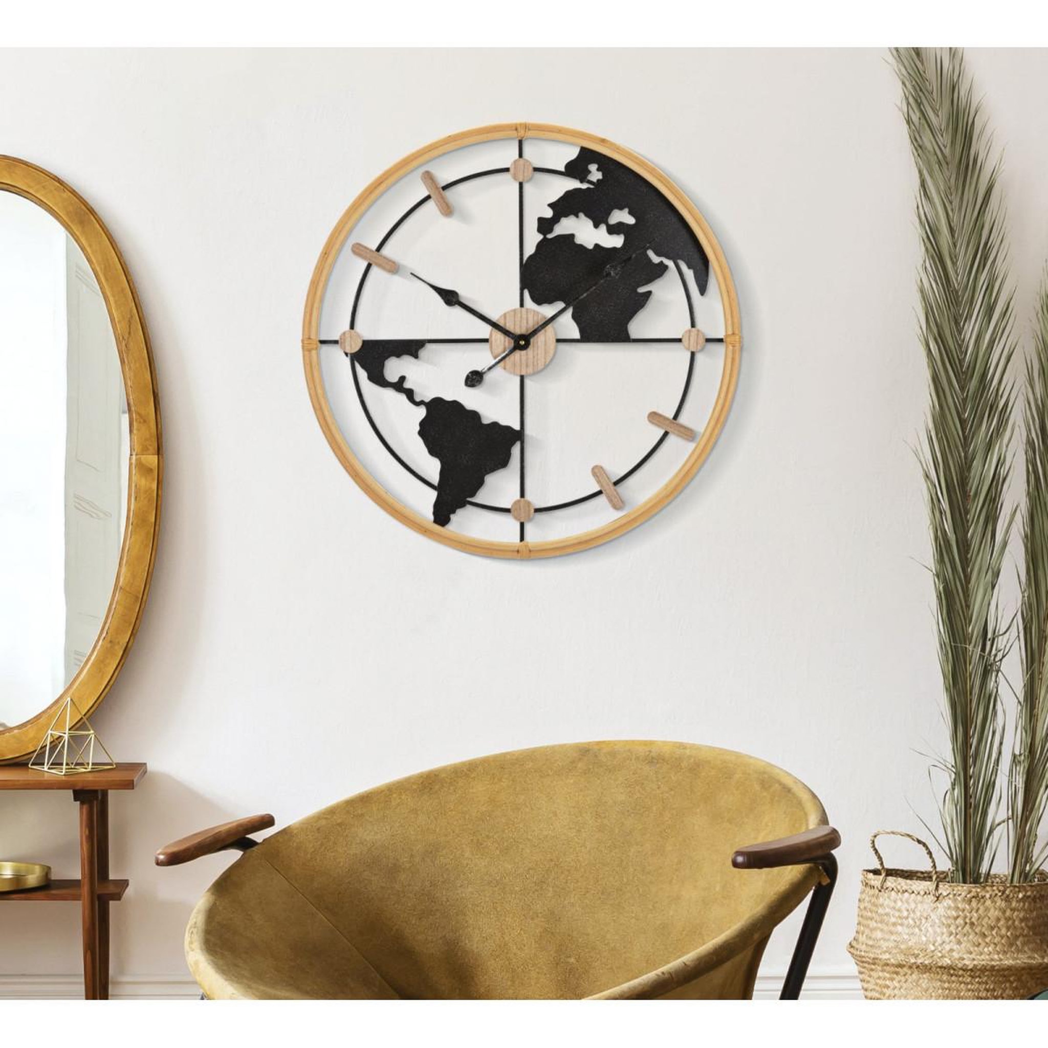 Voir la diapositive 5 : Paris Prix Horloge murale en métal  world  60cm noir & naturel