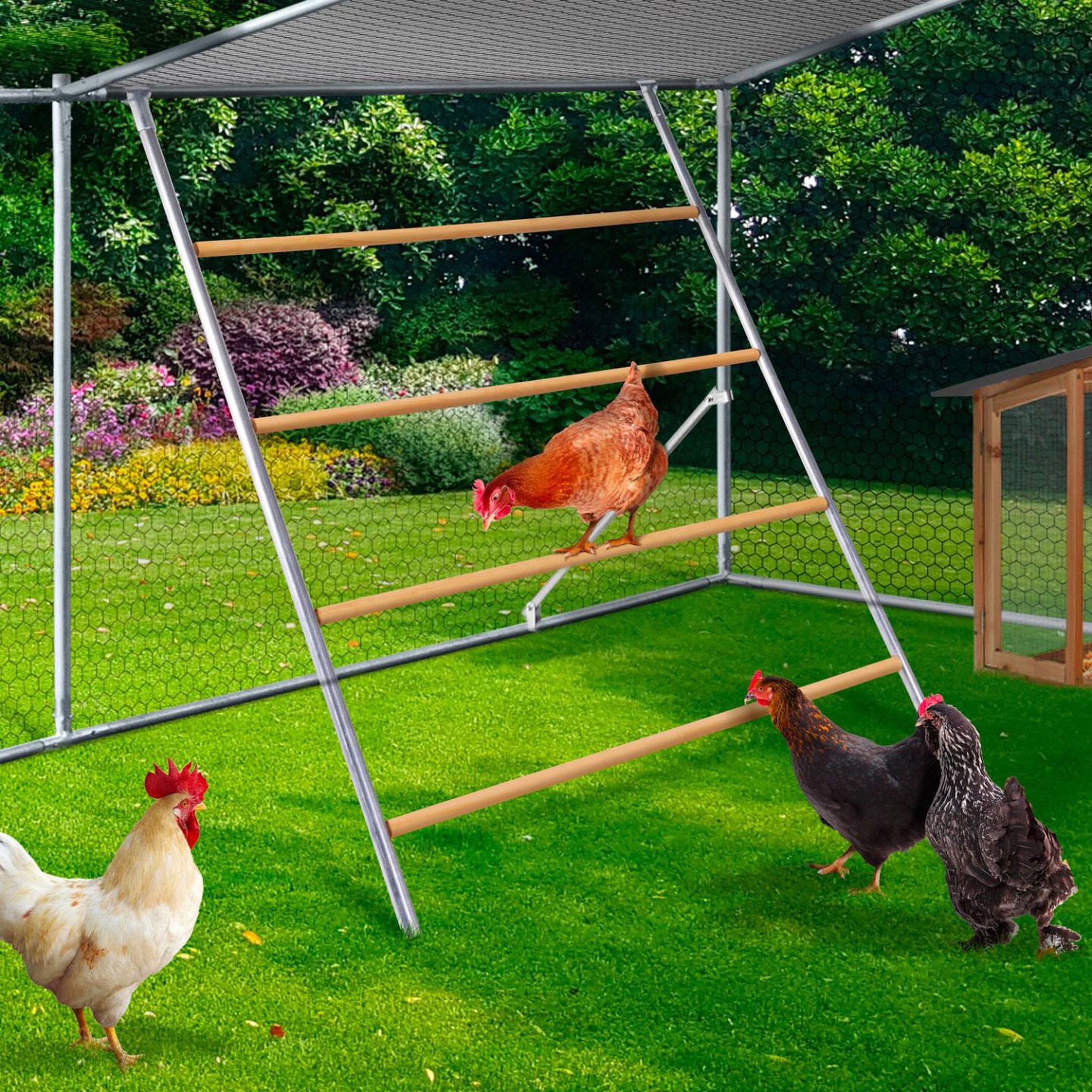 Voir la diapositive 4 : ID MARKET Enclos poulailler 12 m² 4x3 m avec grand perchoir 4 niveaux en bois acier galvanisé