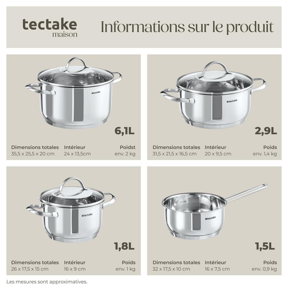 tectake Batterie de cuisine 7 pièces en acier inoxydable compatible induction argent
