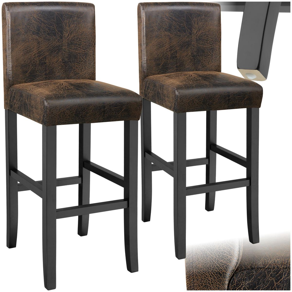 tectake Tabouret de bar rembourré avec dossier marron foncé lot de 2