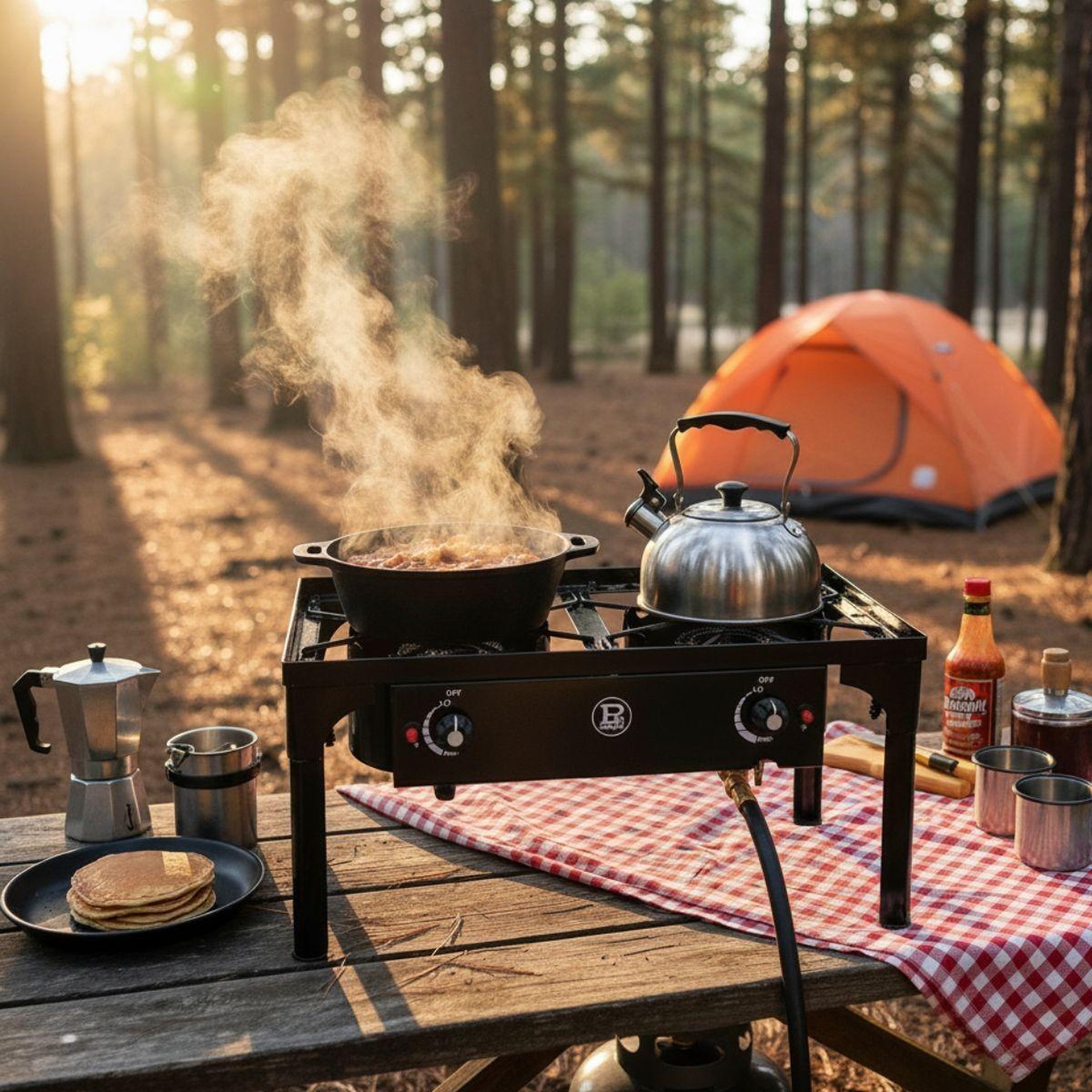 Voir la diapositive 5 : PROJECT Réchaud à gaz 2 feux 9kw 4 pieds bruleurs en fonte modulable en 3 hauteurs - cuisine extérieure 74.5 x 40 x h80cm allumage piezo