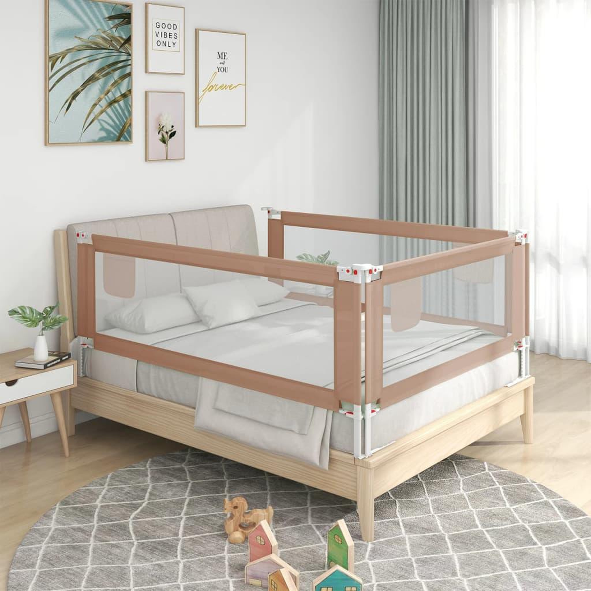 Voir la diapositive 1 : VIDAXL Barriere de securite de lit d'enfant Taupe 120x25 cm Tissu