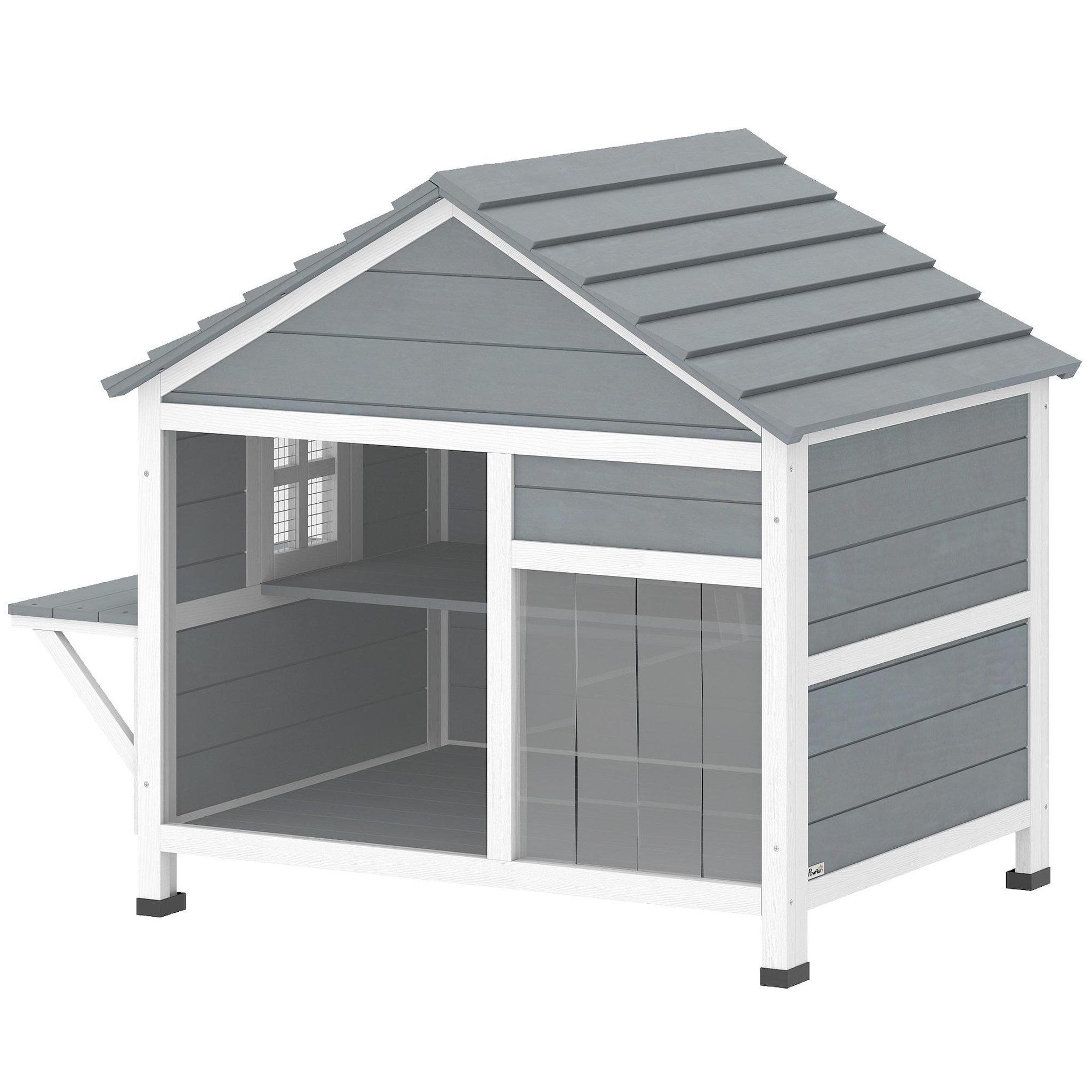 Voir la diapositive 5 : PAWHUT Niche maison pour chat bois - fenêtre verrouillable, étagères, portes, toit ouvrant - blanc gris