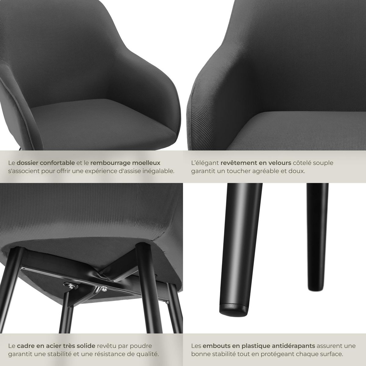 tectake Chaise de salle à manger rembourrée en velours côtelé anthracite-noir