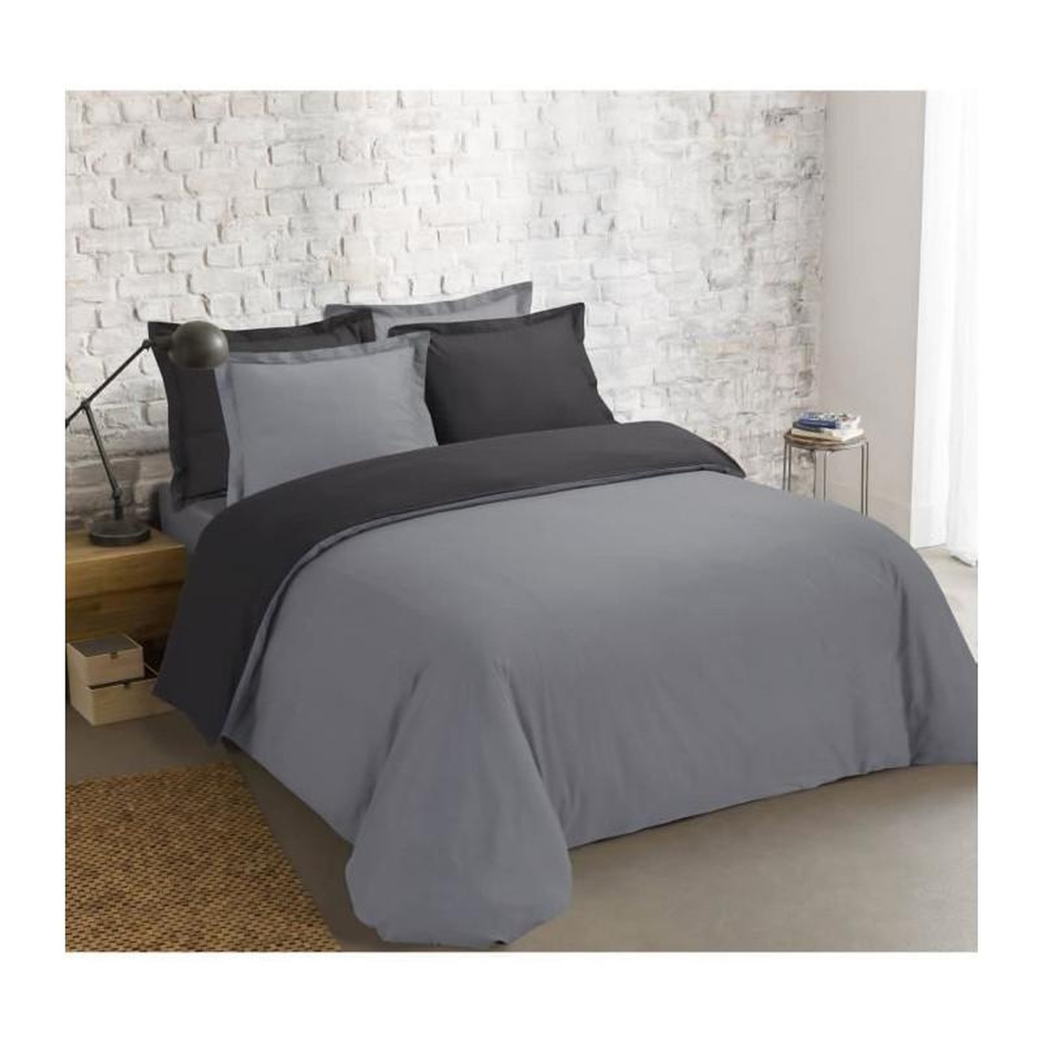 Voir la diapositive 2 : VISION VISION - Bicolore - Housse de couette Réversible 260x240cm avec 2 taies 65x65cm - Anthracite/gris - 100% coton