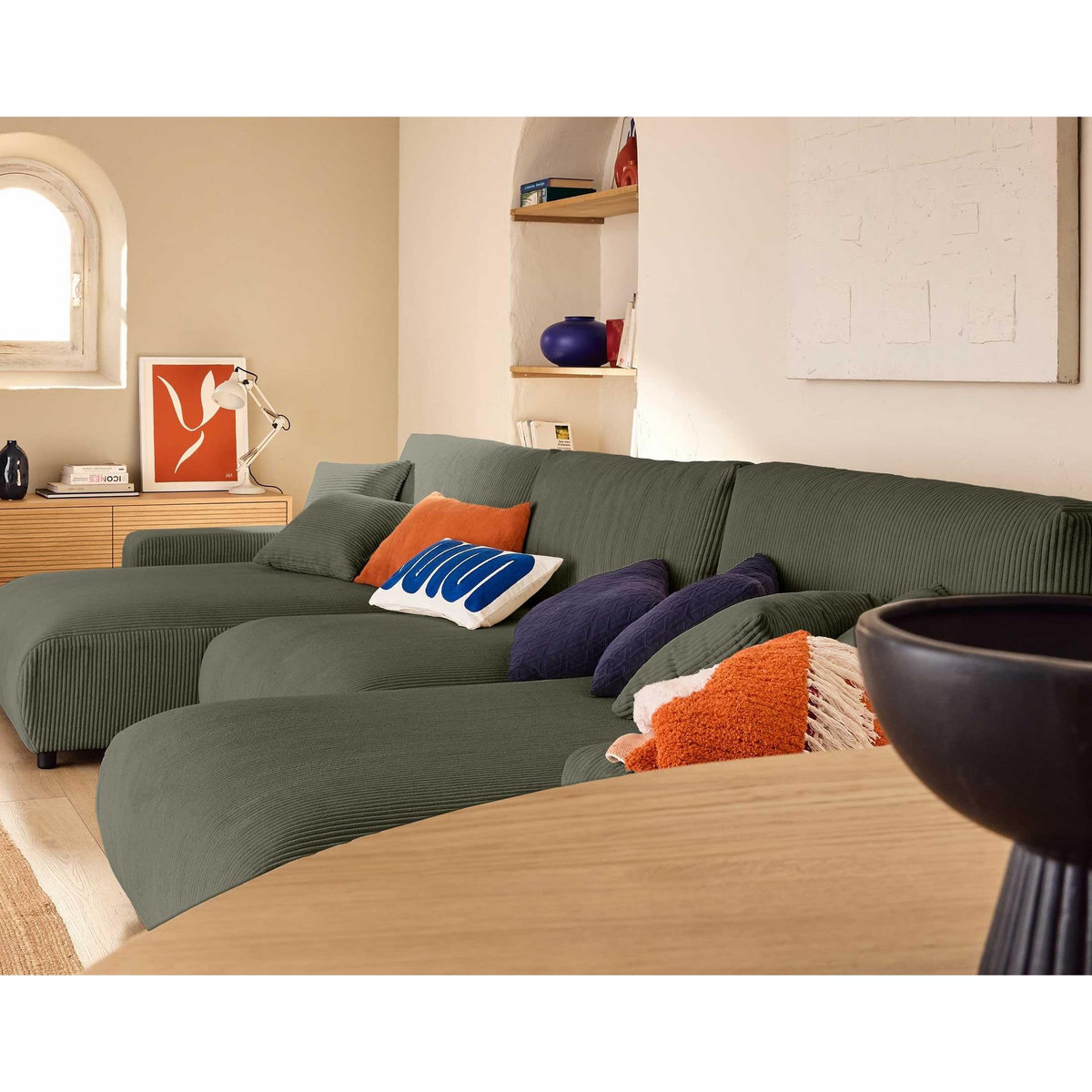 LISA DESIGN Pivoine - canapé panoramique en u - 7 places - convertible avec coffre - en velours côtelé