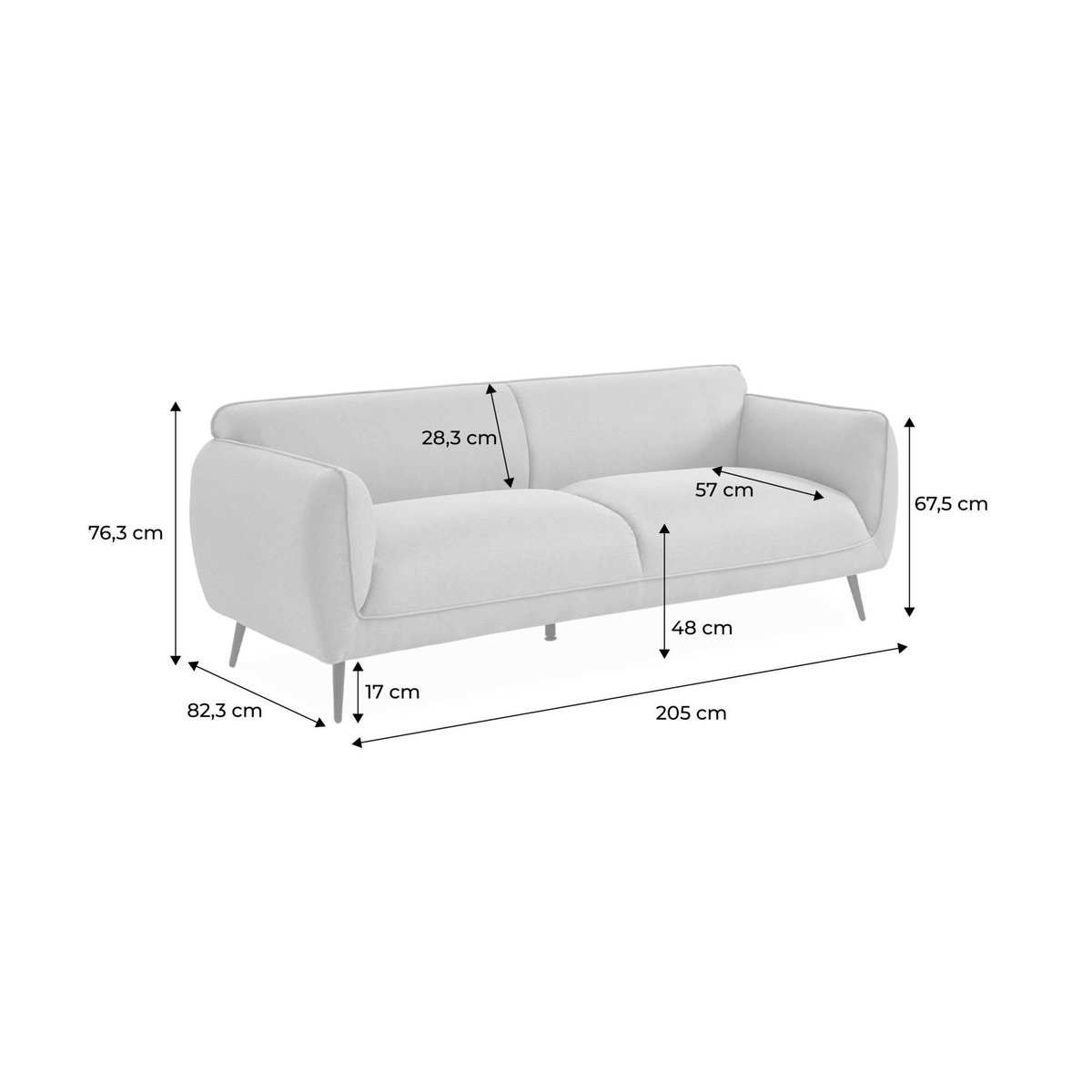 SWEEEK Canapé 3 places tissu beige et pieds métal noir