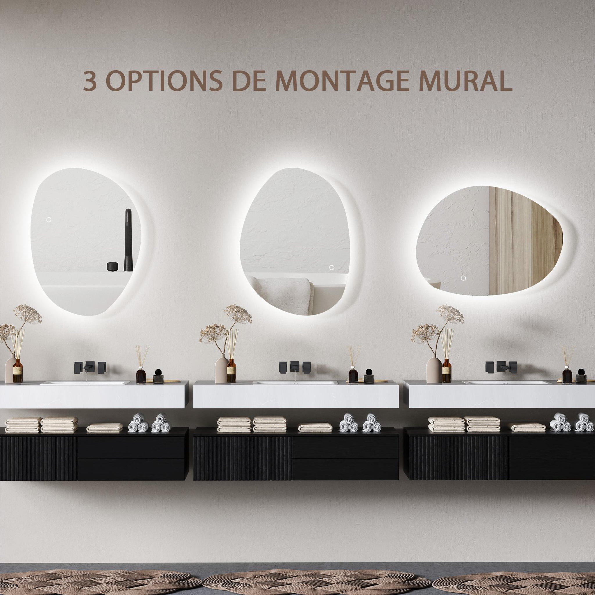 Voir la diapositive 5 : HOMCOM Miroir salle de bain design avec éclairage led - miroir asymétrique 70 x 50 cm - tactile, réglable, anti-buée - verre trempé