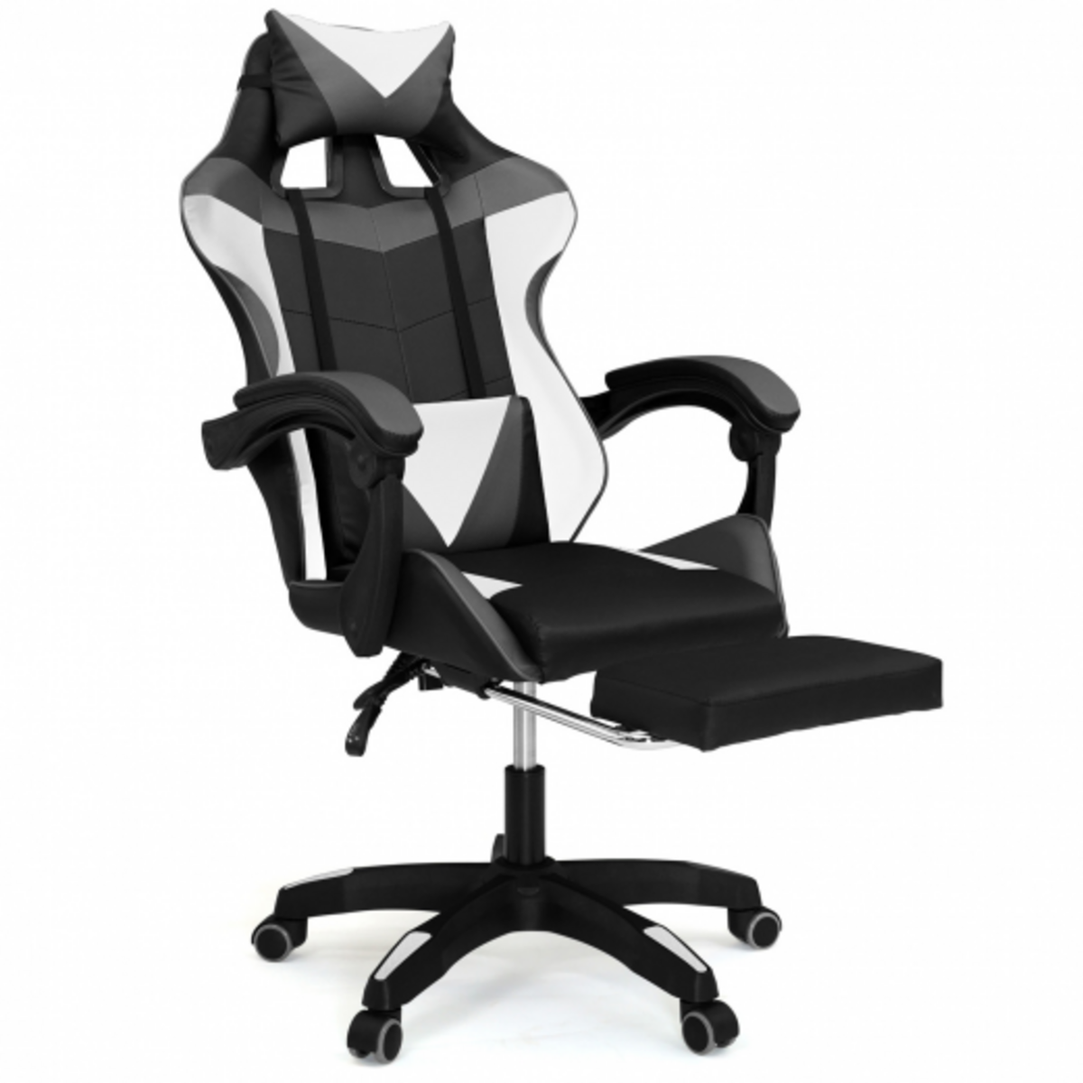 ID MARKET Fauteuil de gaming ALEX réglable avec repose-pied, coussin de tête et coussin lombaire noir blanc et gris
