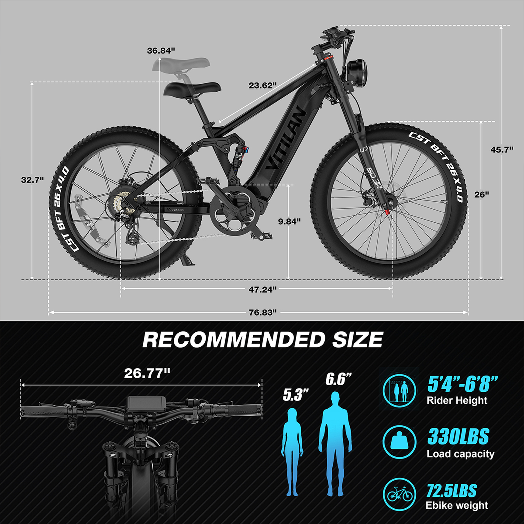 Voir la diapositive 6 : VITILAN Vélo électrique VITILAN T7 PRO - Batterie 52 V 20 Ah 1040 Wh - 8 vitesses