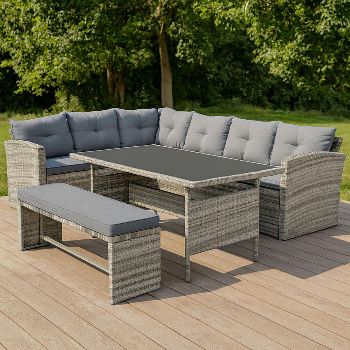 CONCEPT USINE Salon de jardin 8 places avec canapé d'angle en résine tressée grise MOOREA