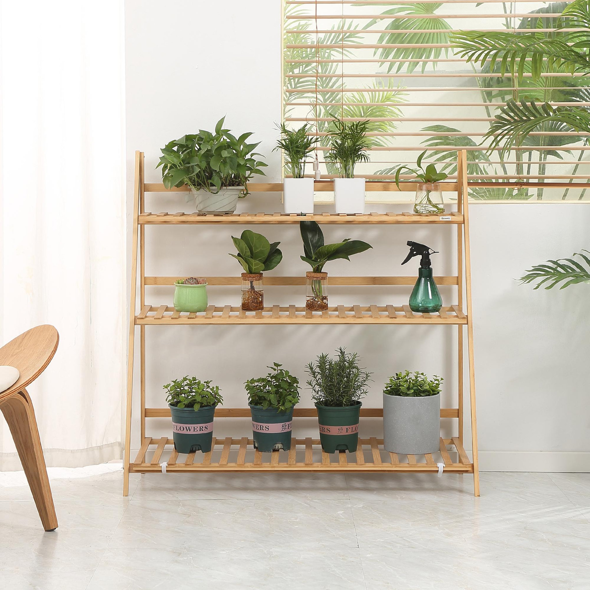 Voir la diapositive 4 : OUTSUNNY Étagère échelle à fleurs en bois de bambou - porte plantes pliable bois 3 étagères à lattes