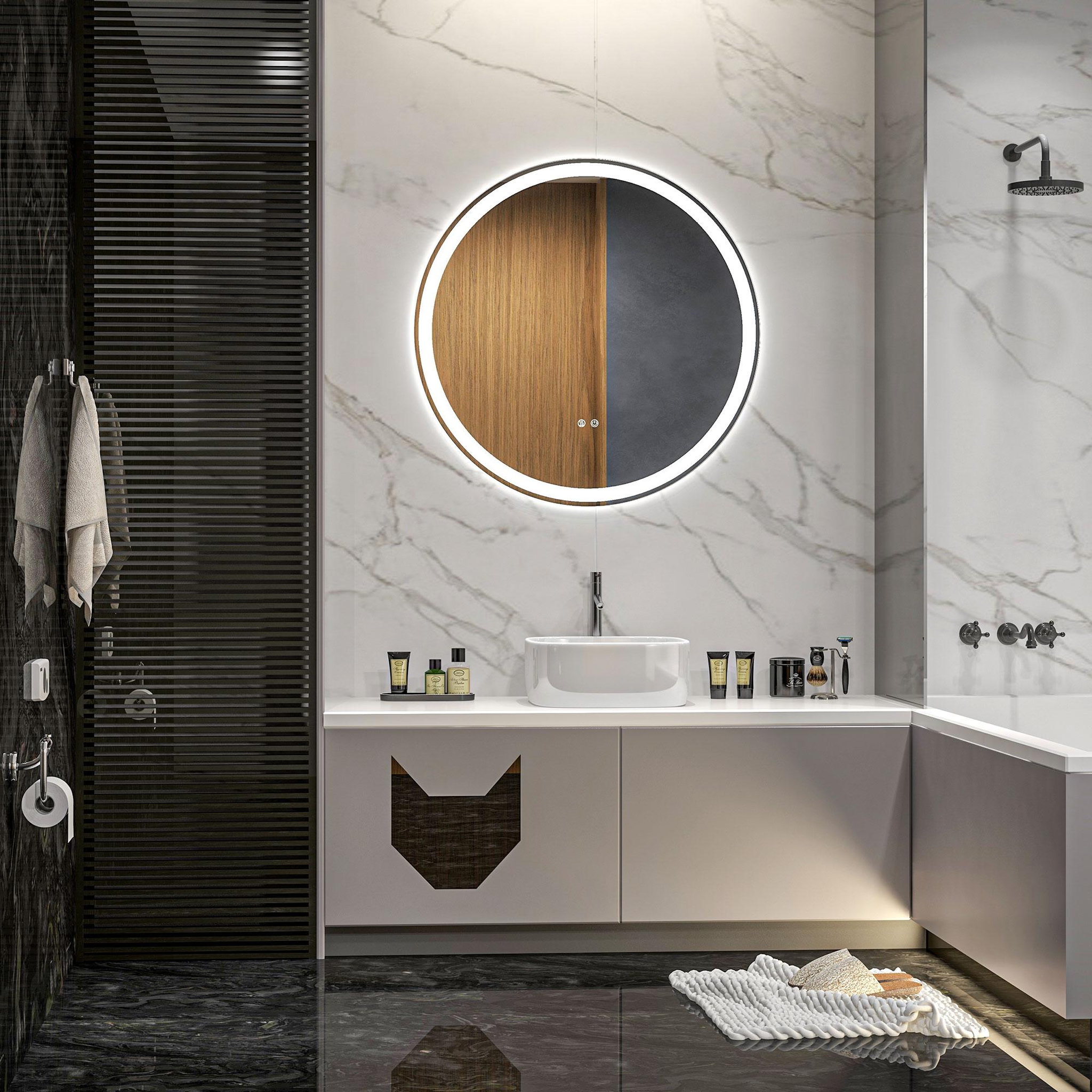 Voir la diapositive 2 : KLEANKIN Miroir rond lumineux led de salle de bain 23 w ø 70 cm tactile antibuée blanc argent