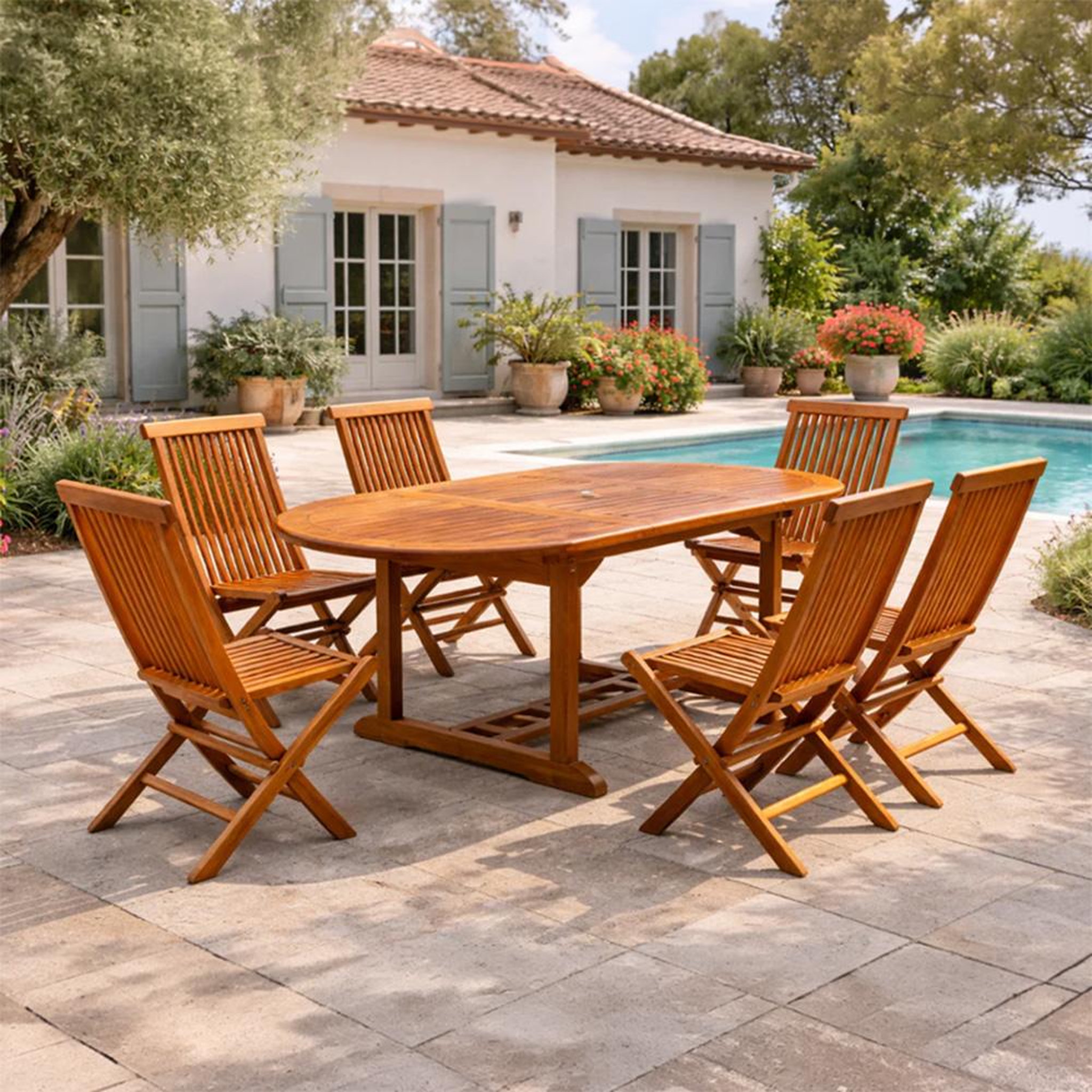 Voir la diapositive 2 : CONCEPT USINE Salon de jardin Teck huilé 6 personnes - Table ovale + 6 chaises LUBOK