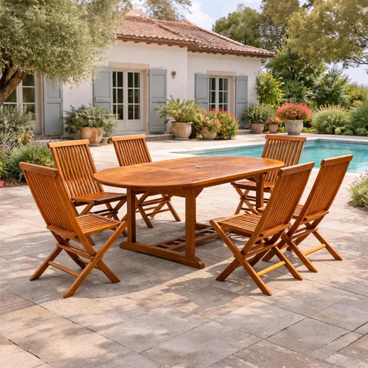 CONCEPT USINE Salon de jardin Teck huilé 6 personnes - Table ovale + 6 chaises LUBOK